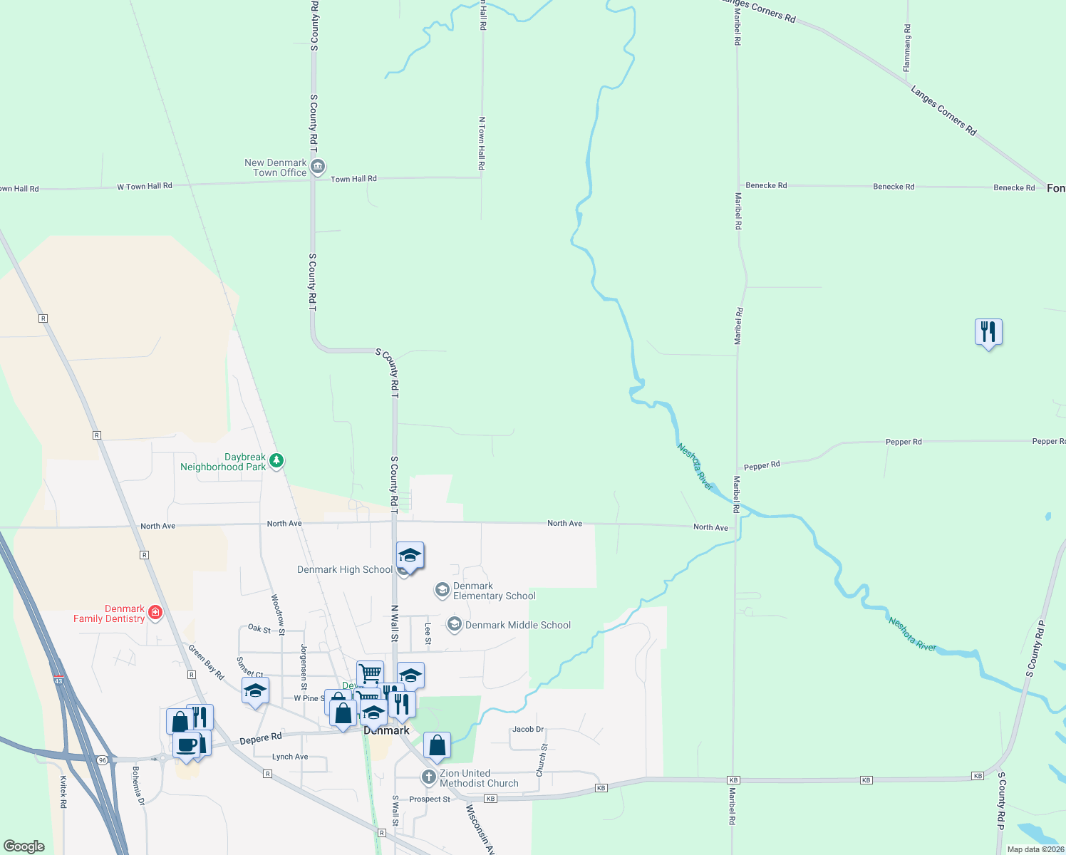map of restaurants, bars, coffee shops, grocery stores, and more near 5716 Peterson Lane in Denmark