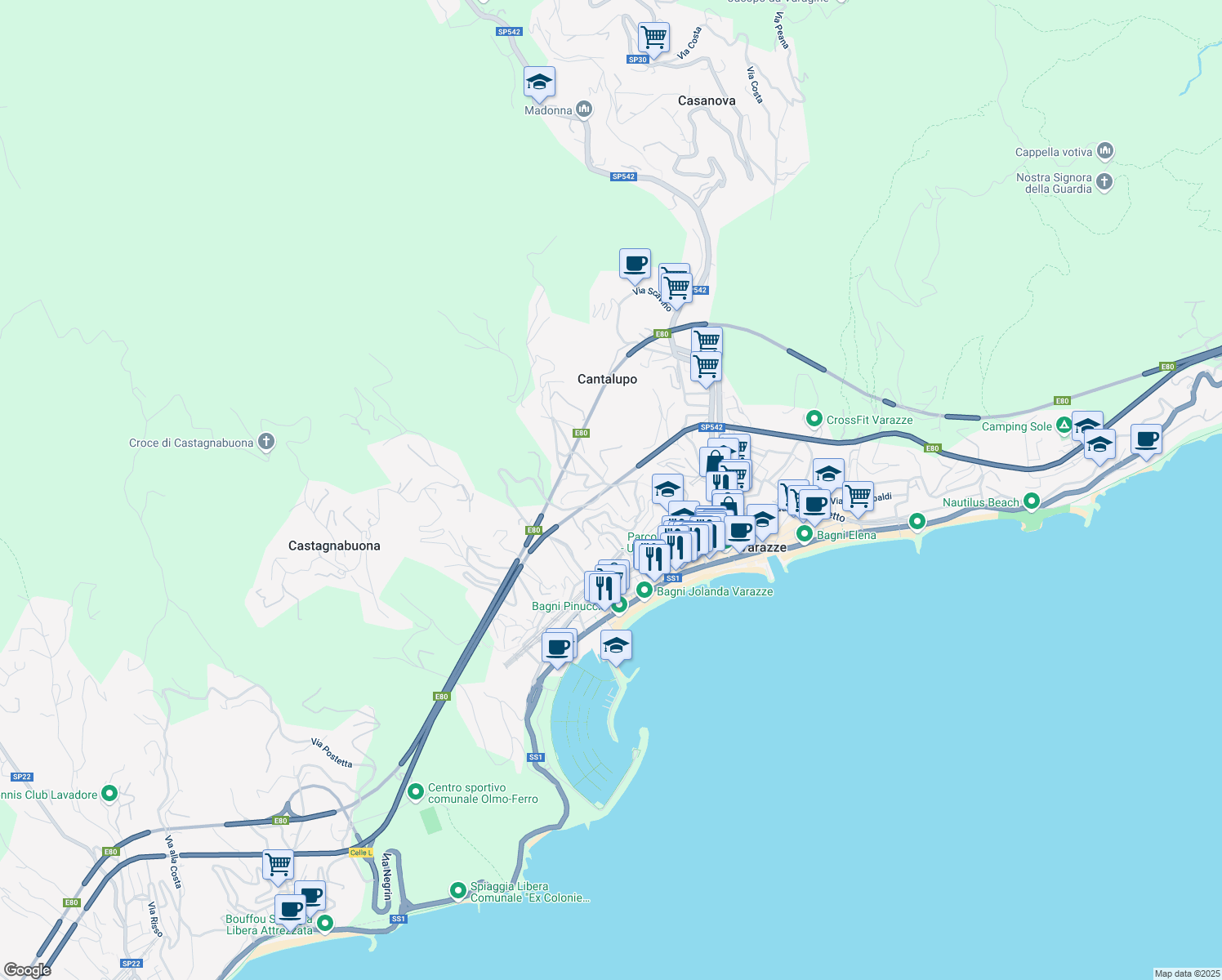 map of restaurants, bars, coffee shops, grocery stores, and more near 22 Via Nuova Cantalupo in Varazze