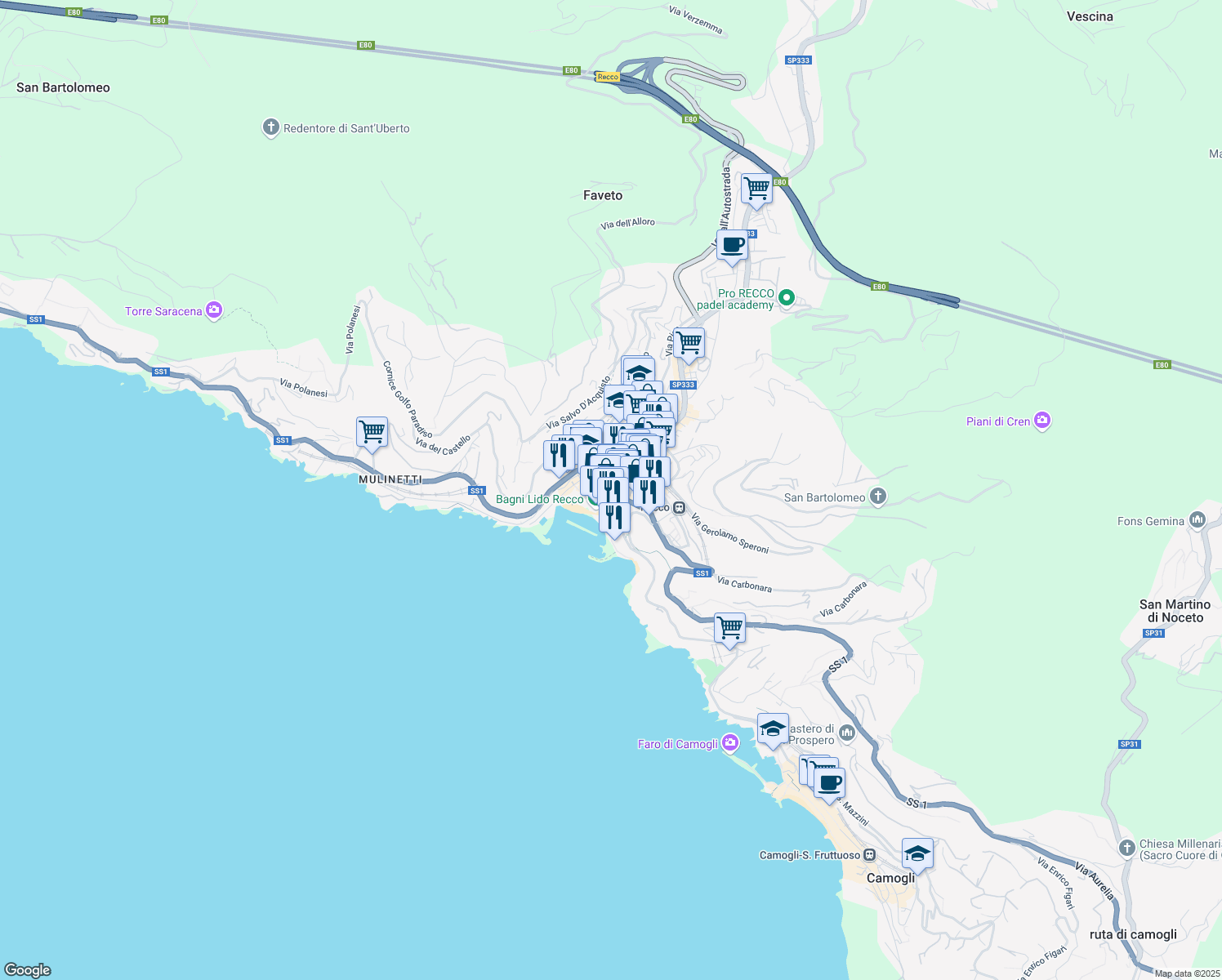 map of restaurants, bars, coffee shops, grocery stores, and more near 32 Lungomare Bettolo in Recco