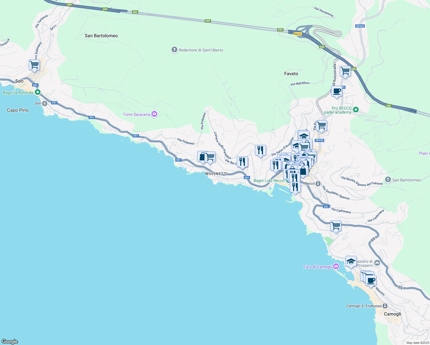 map of restaurants, bars, coffee shops, grocery stores, and more near 108 Via Aurelia in Recco