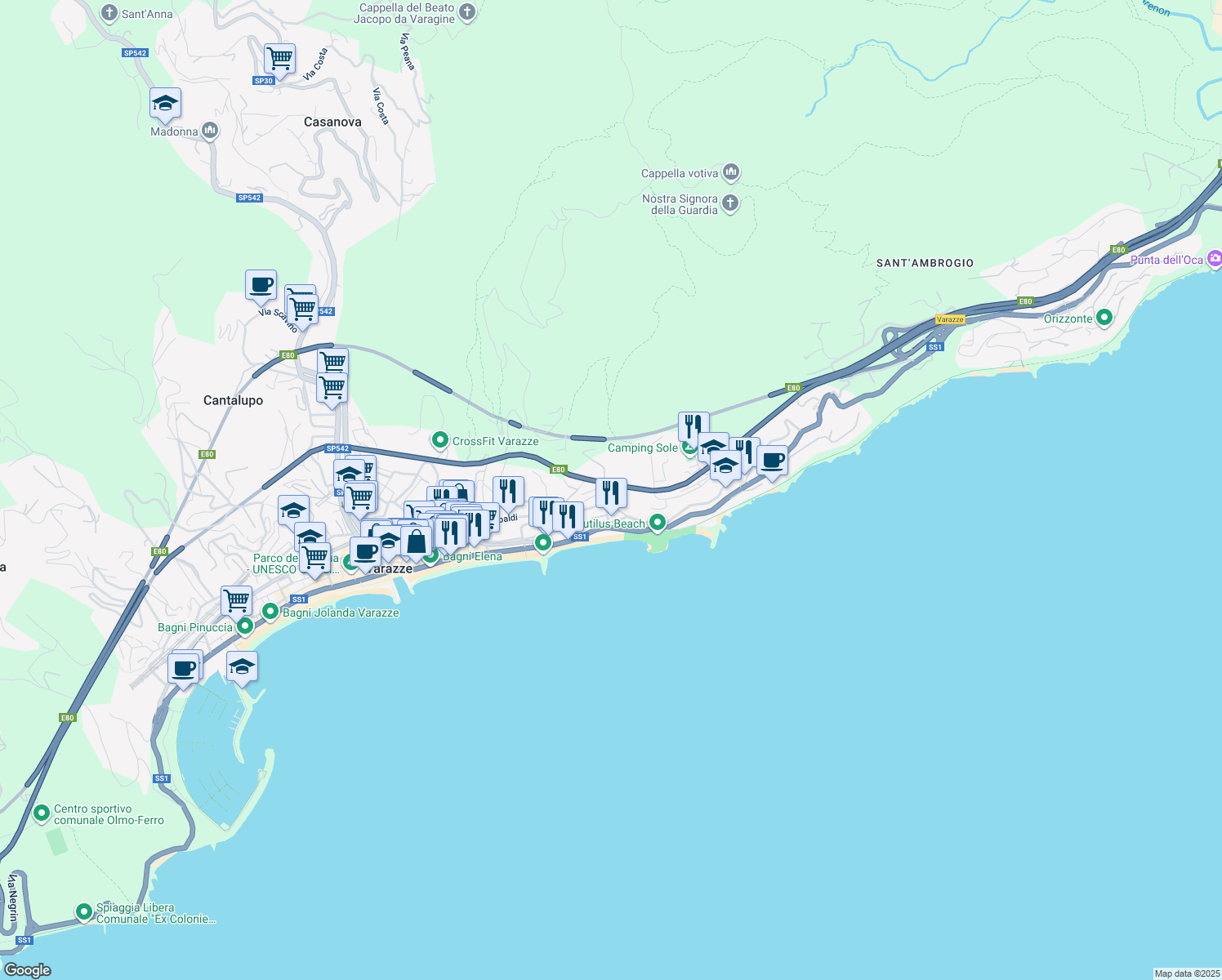map of restaurants, bars, coffee shops, grocery stores, and more near 4 Via Capitano Lazzaro Parodi in Varazze