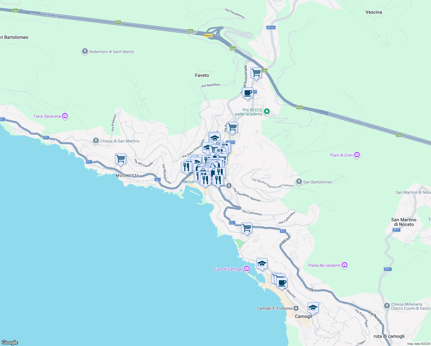 map of restaurants, bars, coffee shops, grocery stores, and more near 12 Via Fortunato Liceti in Recco
