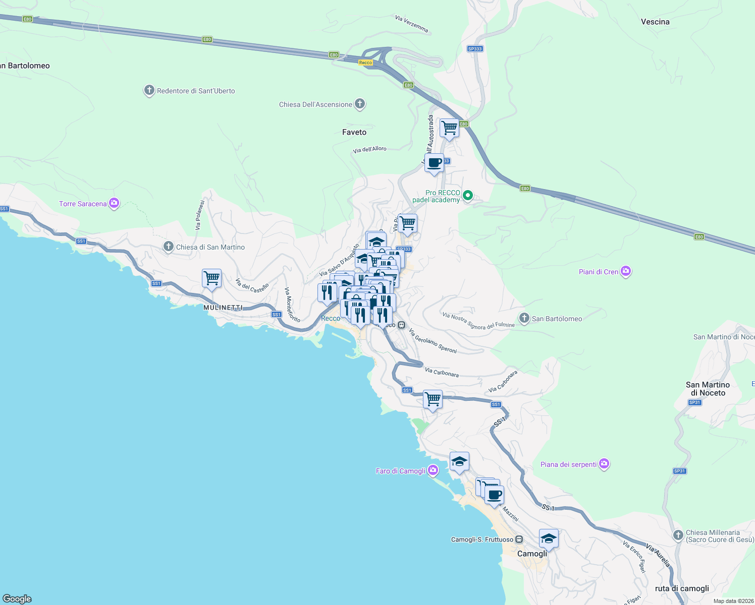 map of restaurants, bars, coffee shops, grocery stores, and more near 12 Via Fortunato Liceti in Recco