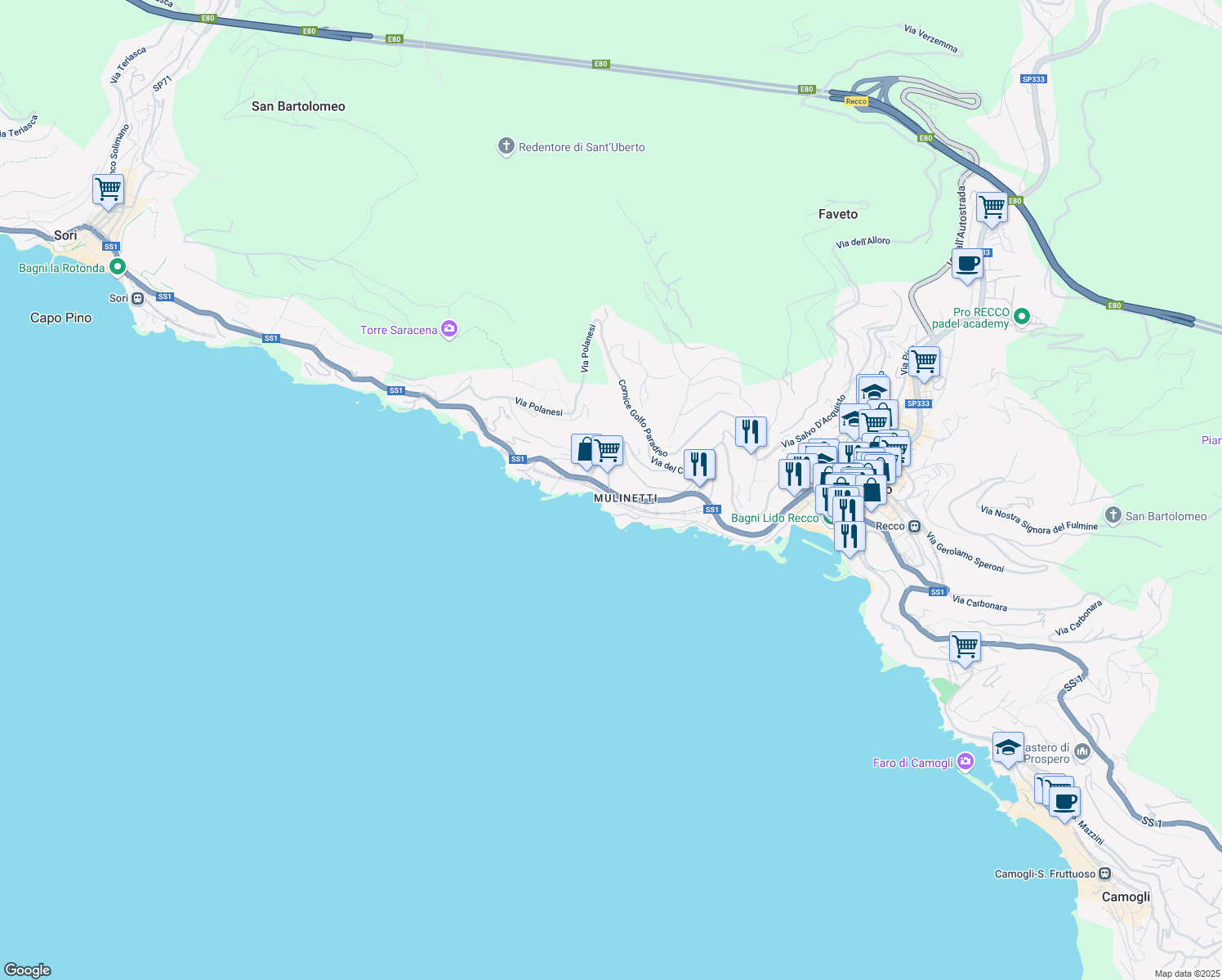 map of restaurants, bars, coffee shops, grocery stores, and more near 108 Strada Statale 1 in Recco