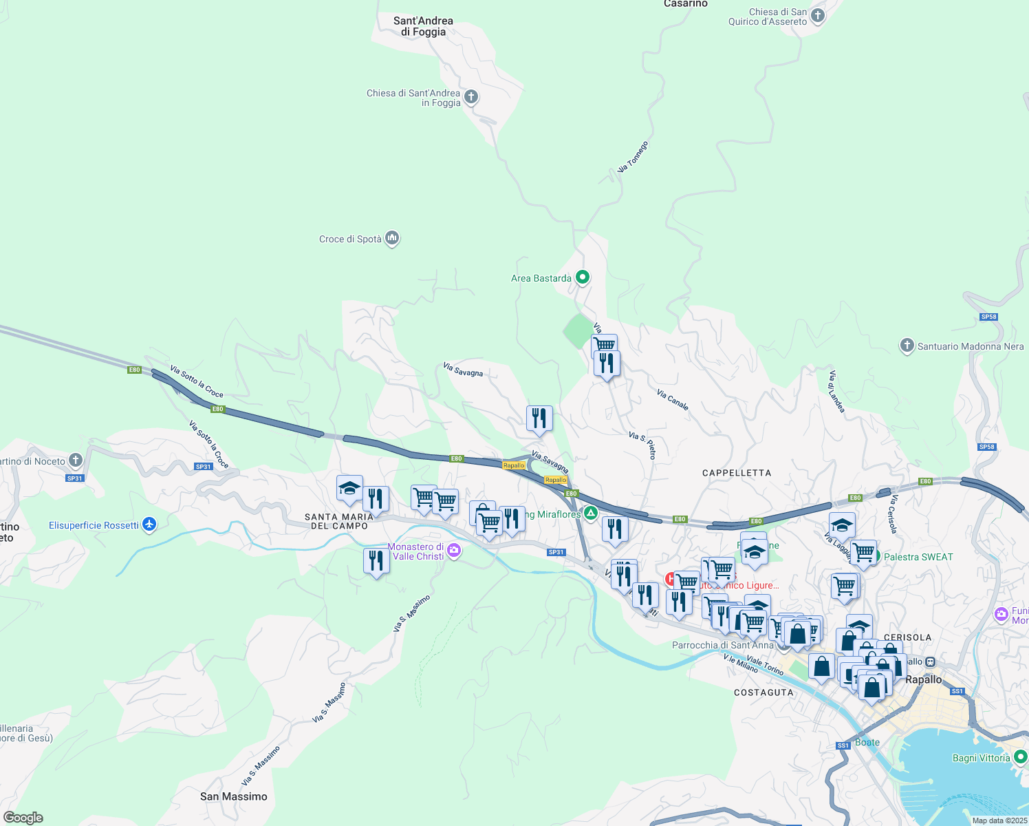 map of restaurants, bars, coffee shops, grocery stores, and more near 19 Via Savagna in Rapallo