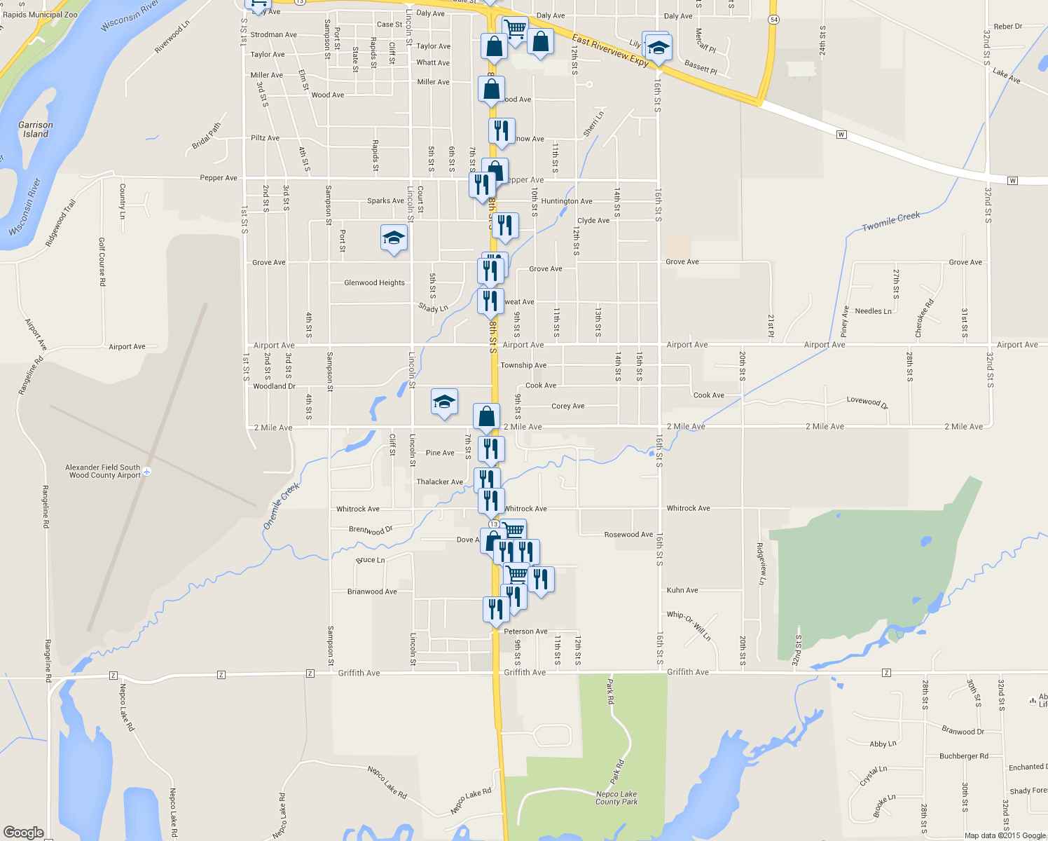 map of restaurants, bars, coffee shops, grocery stores, and more near 911 2 Mile Ave in Wisconsin Rapids