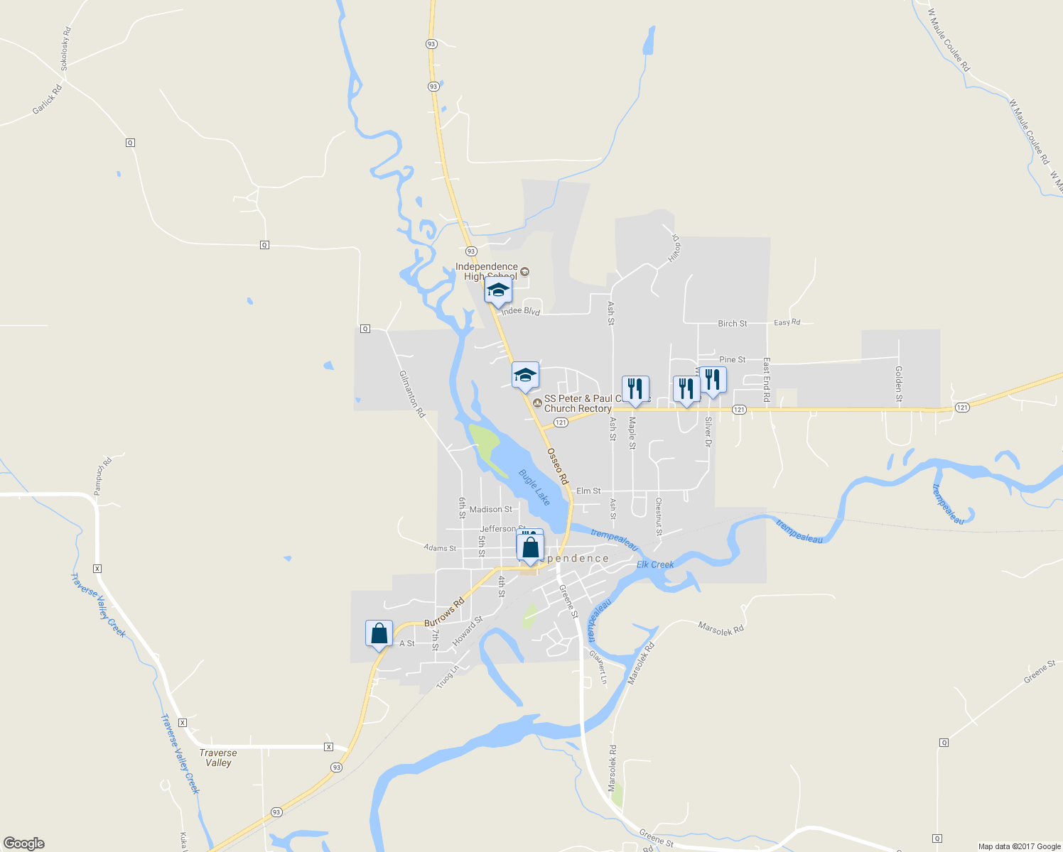 map of restaurants, bars, coffee shops, grocery stores, and more near 35951 Osseo Road in Independence