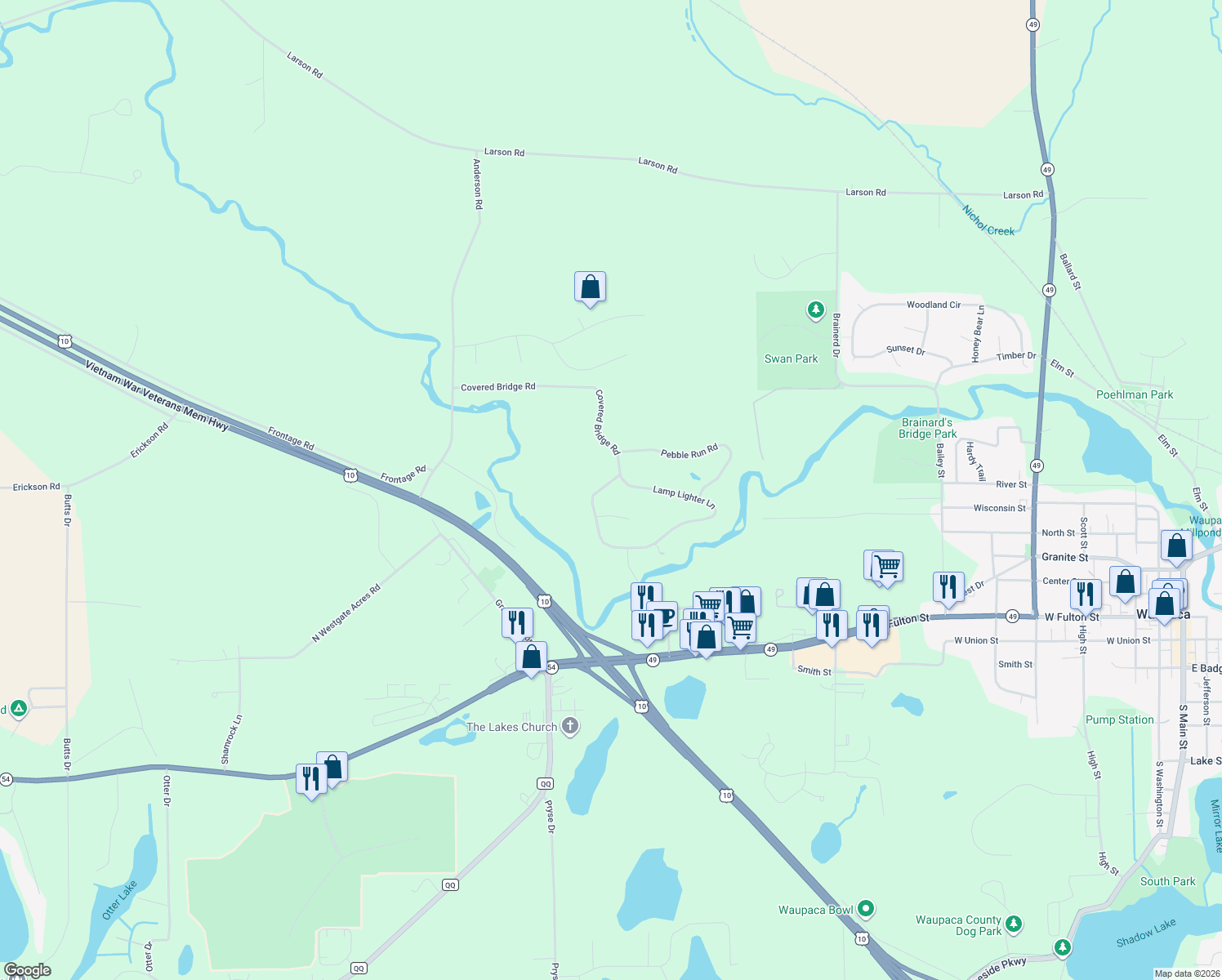 map of restaurants, bars, coffee shops, grocery stores, and more near N3404 Covered Bridge Rd in Waupaca