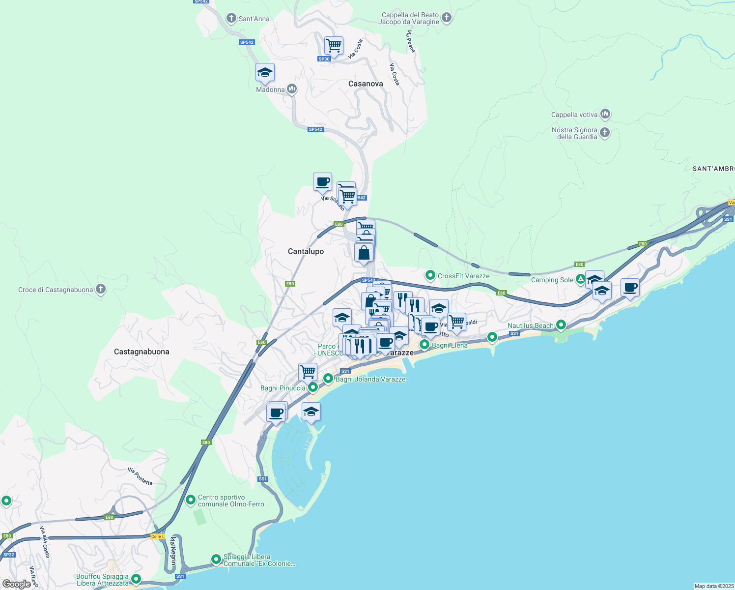 map of restaurants, bars, coffee shops, grocery stores, and more near 29 Via Monte Grappa in Varazze