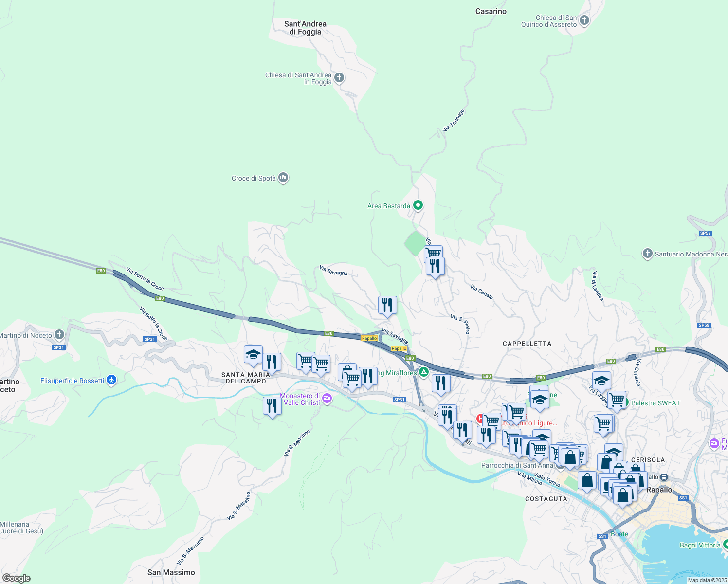 map of restaurants, bars, coffee shops, grocery stores, and more near 19 Via Savagna in Rapallo