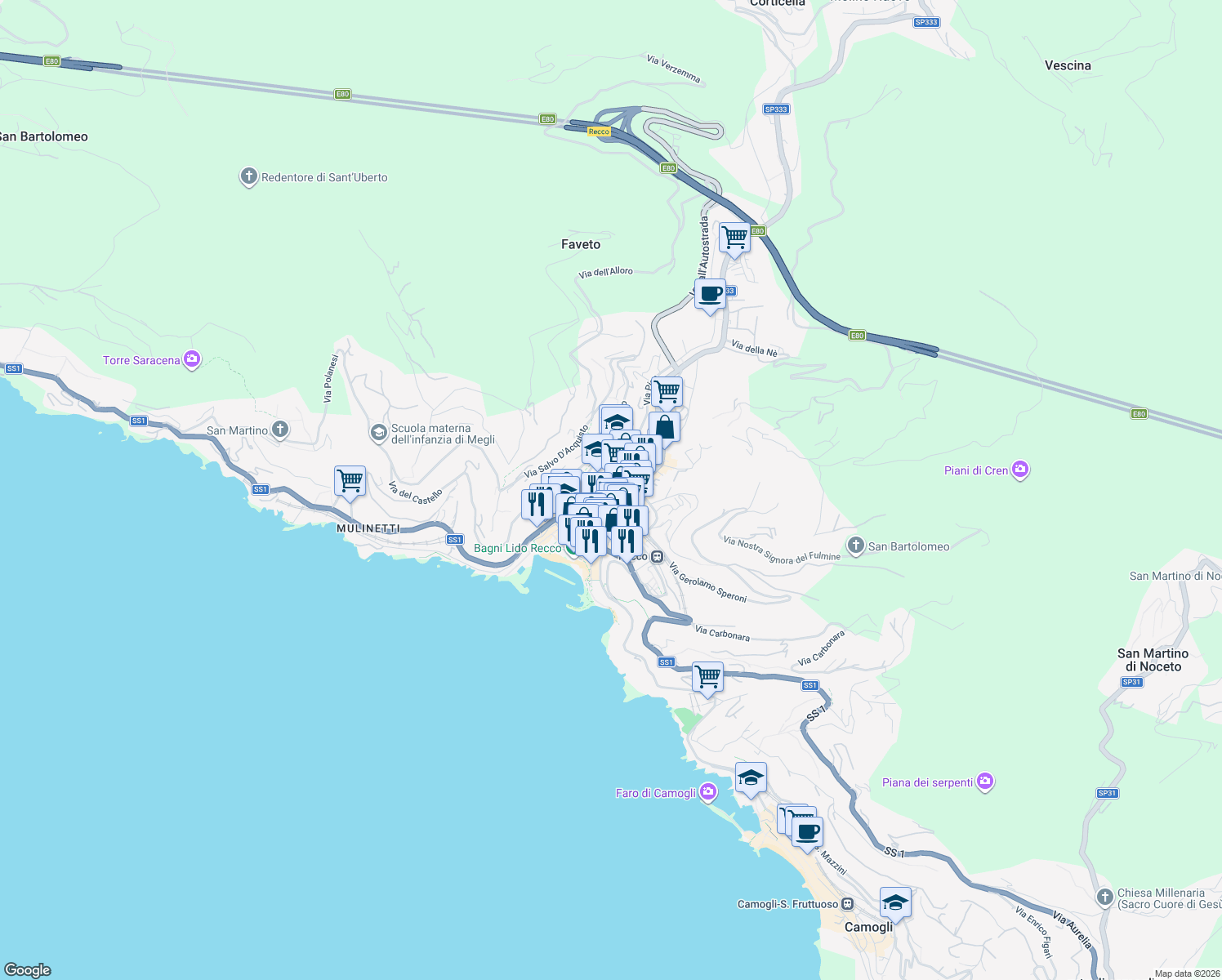 map of restaurants, bars, coffee shops, grocery stores, and more near 1 Via Amalfi in Recco
