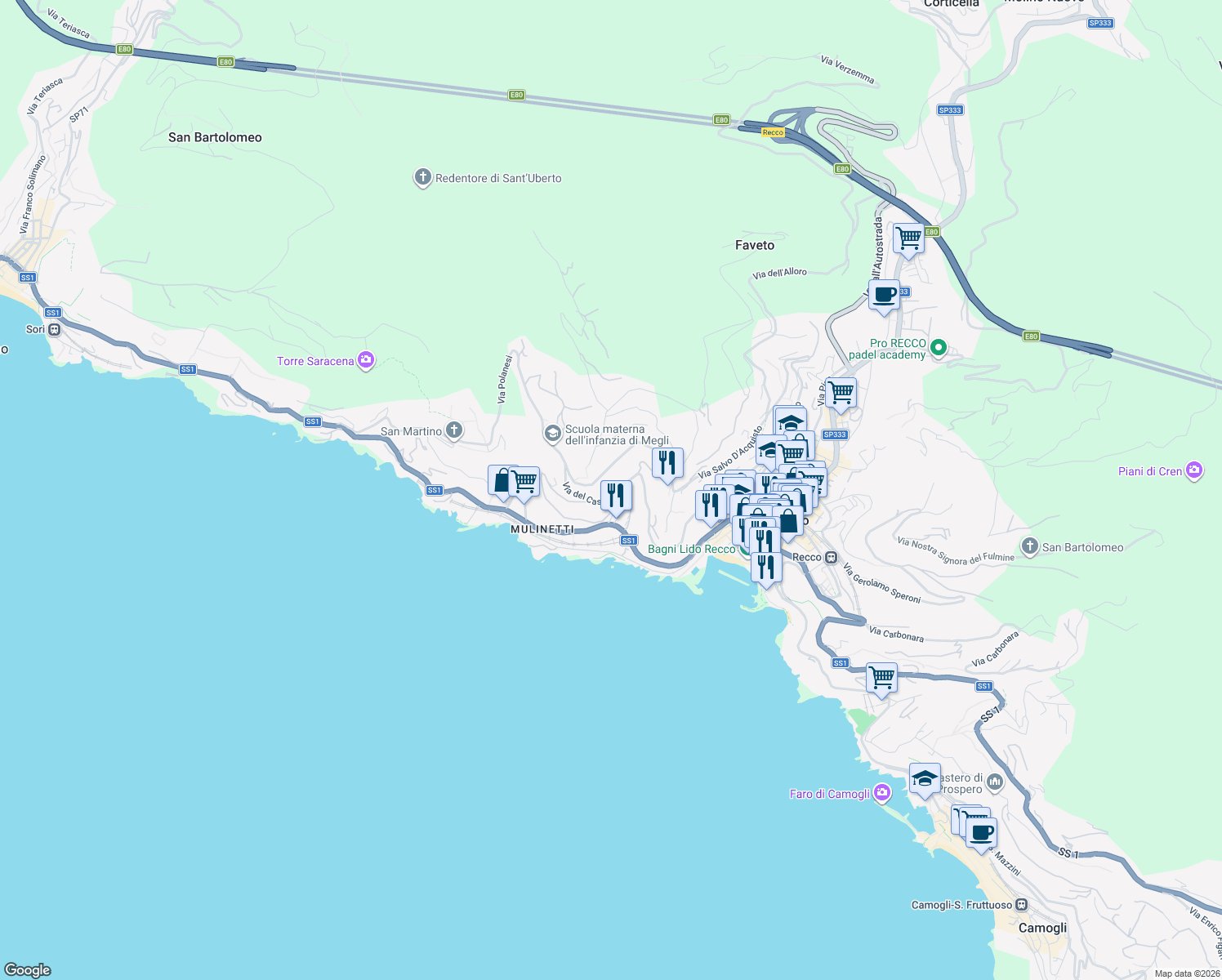 map of restaurants, bars, coffee shops, grocery stores, and more near 46 Via del Castello in Recco