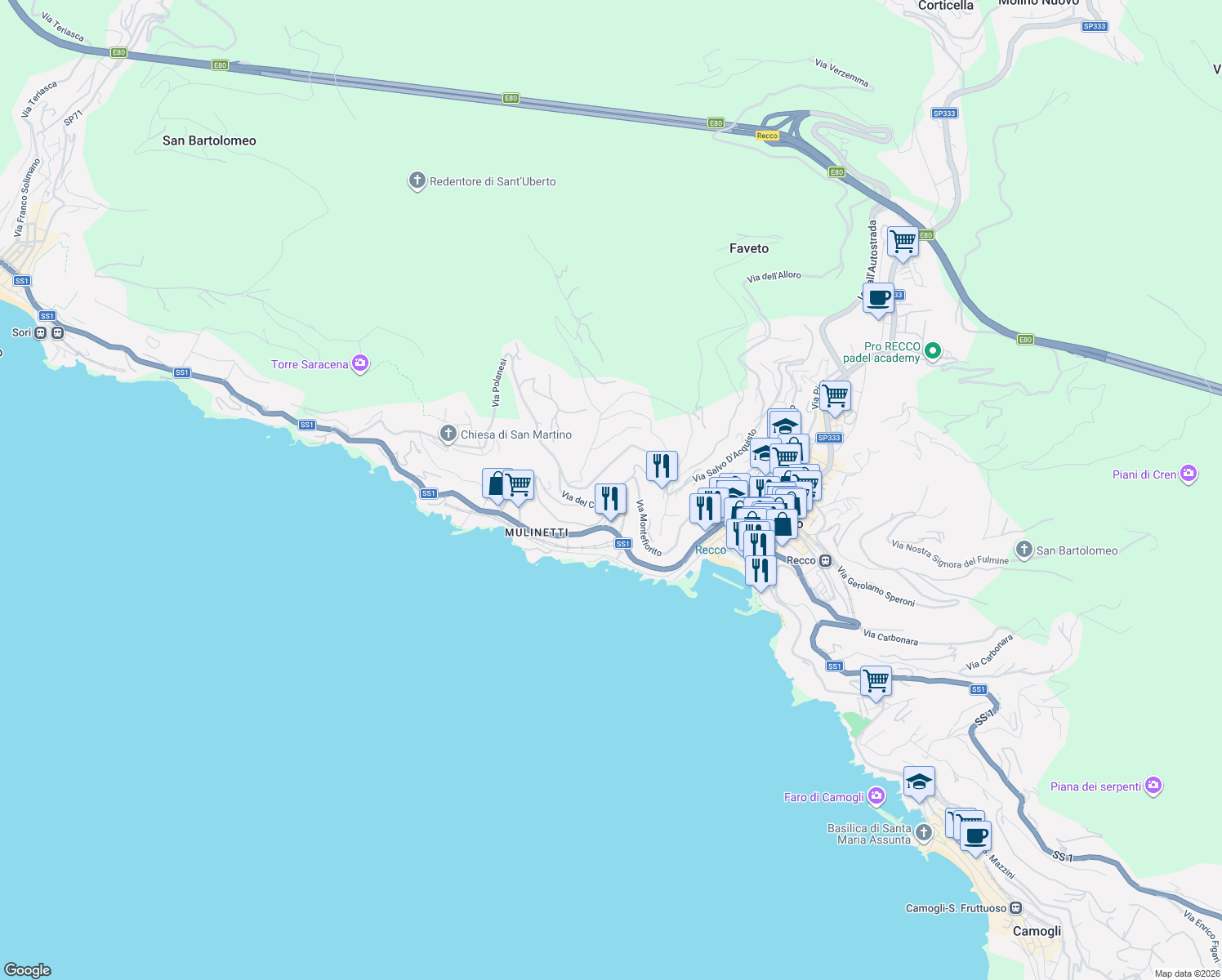 map of restaurants, bars, coffee shops, grocery stores, and more near 40 Via del Castello in Recco