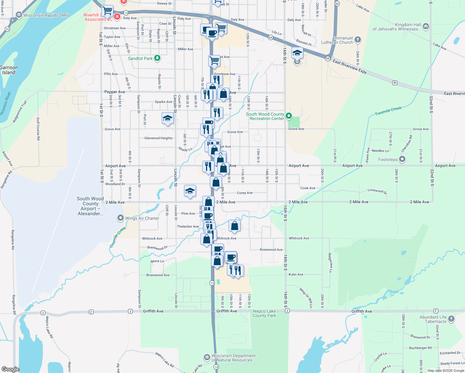 map of restaurants, bars, coffee shops, grocery stores, and more near 1020 Cook Avenue in Wisconsin Rapids