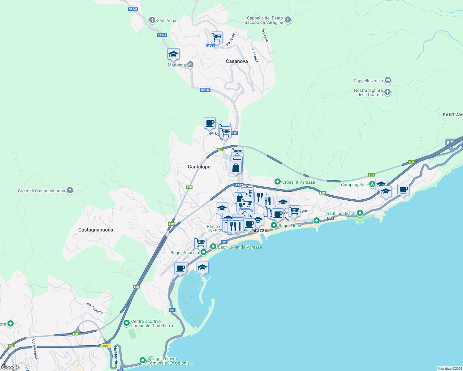 map of restaurants, bars, coffee shops, grocery stores, and more near 29 Via Monte Grappa in Varazze