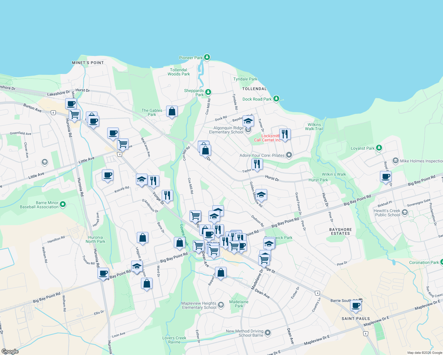 map of restaurants, bars, coffee shops, grocery stores, and more near 90 Bruce Crescent in Barrie