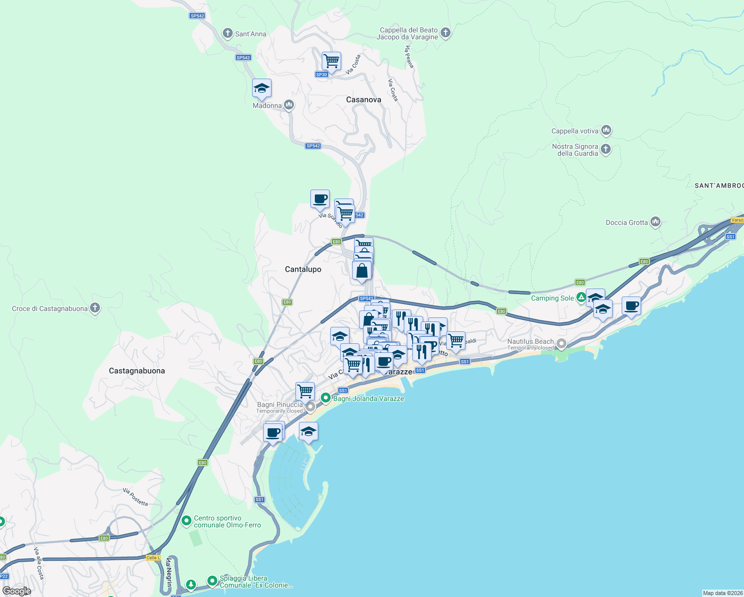 map of restaurants, bars, coffee shops, grocery stores, and more near in Varazze