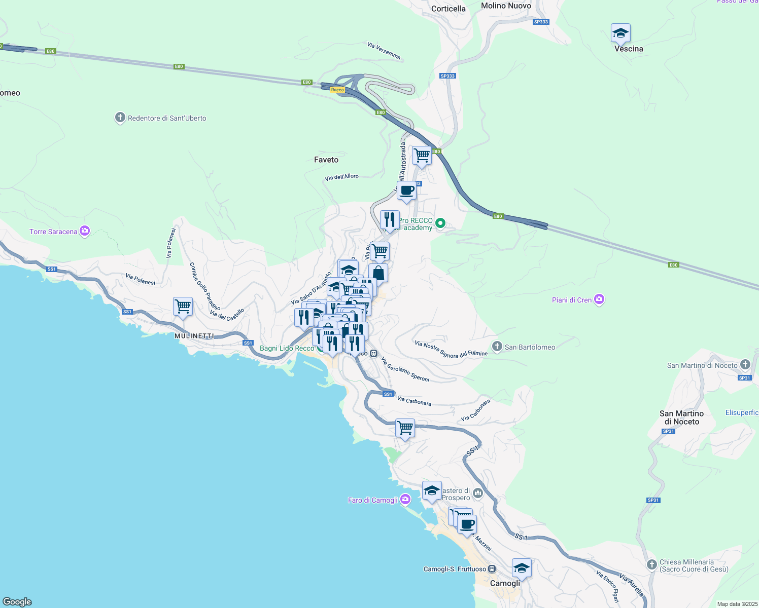 map of restaurants, bars, coffee shops, grocery stores, and more near 6 Salita Privata Sant'Antonio in Recco