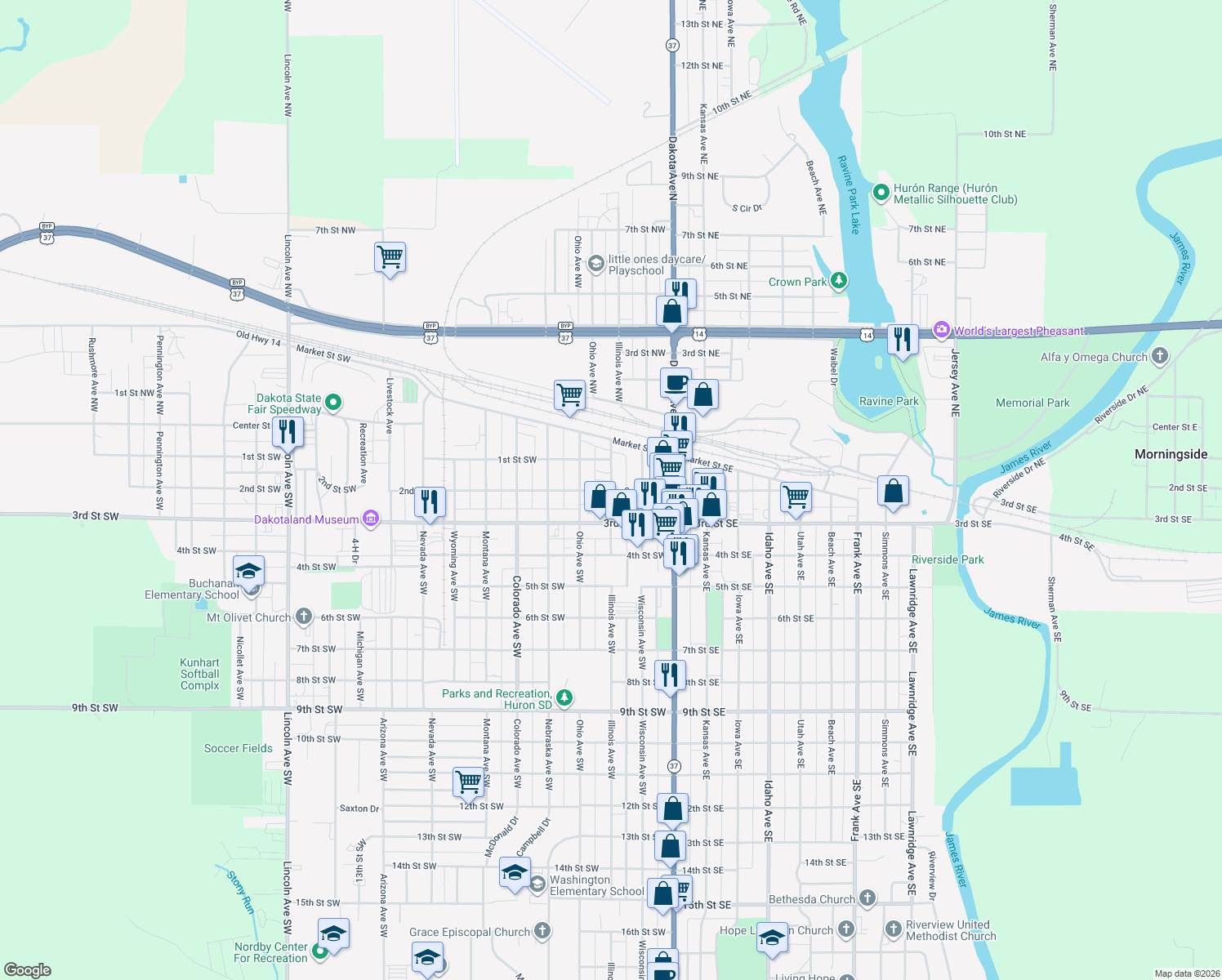 map of restaurants, bars, coffee shops, grocery stores, and more near 198 Illinois Ave SW in Huron