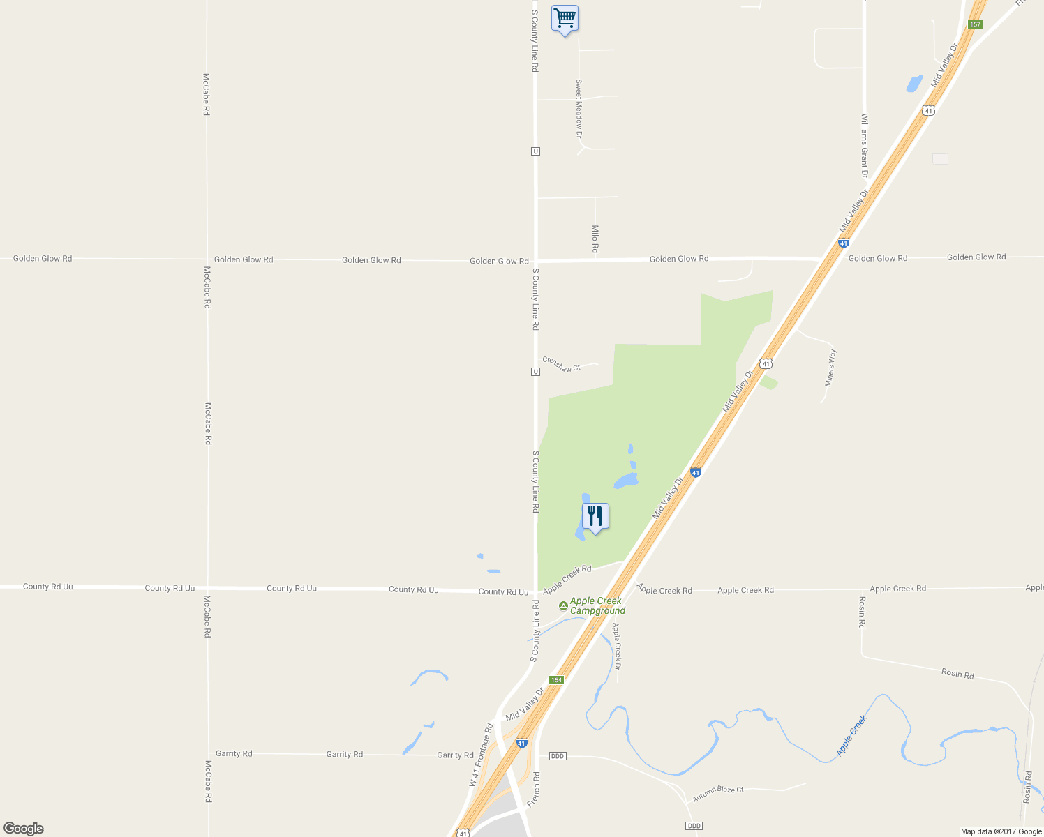 map of restaurants, bars, coffee shops, grocery stores, and more near N3509 County Road U in De Pere