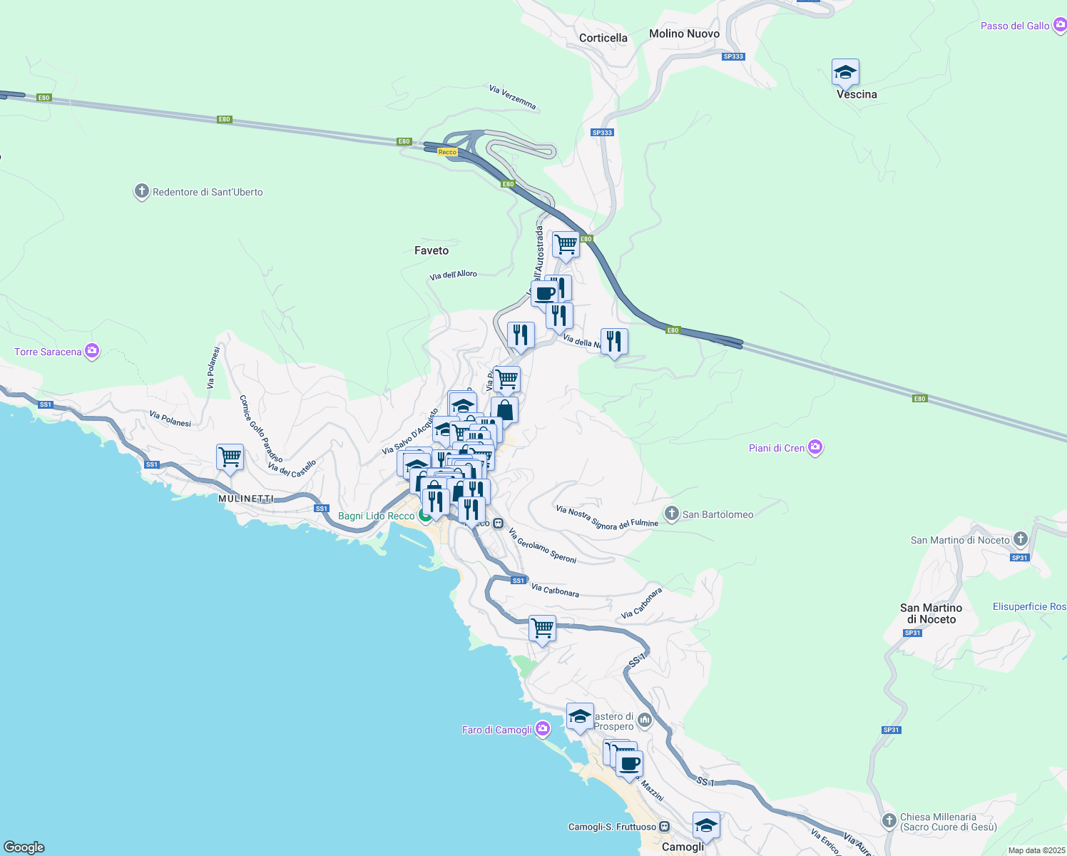 map of restaurants, bars, coffee shops, grocery stores, and more near 11 Salita Liceto in Recco