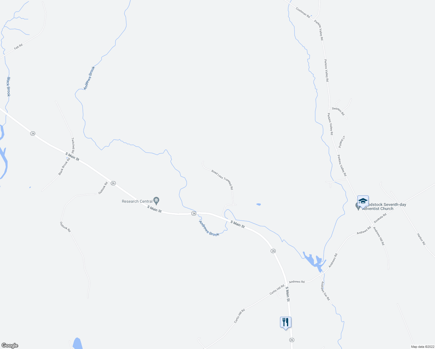 map of restaurants, bars, coffee shops, grocery stores, and more near 64 Road Less Traveled Road in Woodstock