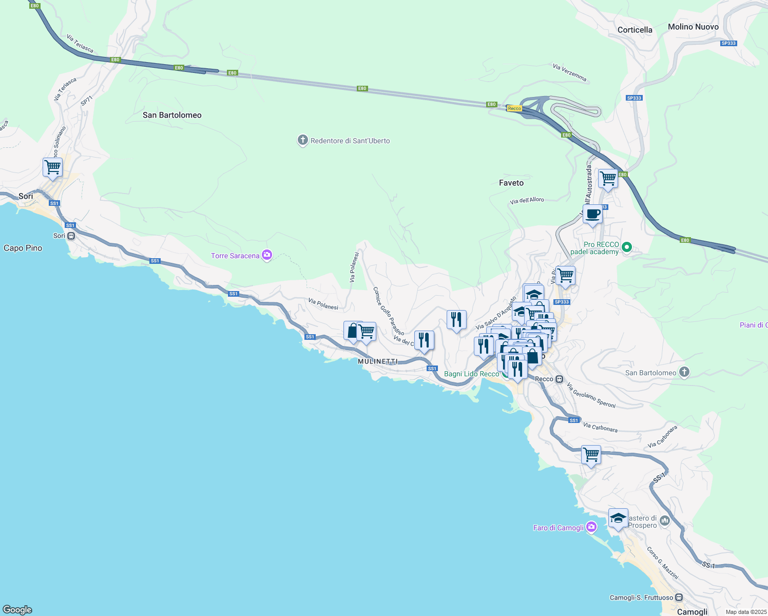 map of restaurants, bars, coffee shops, grocery stores, and more near 52 Cornice Golfo Paradiso in Recco