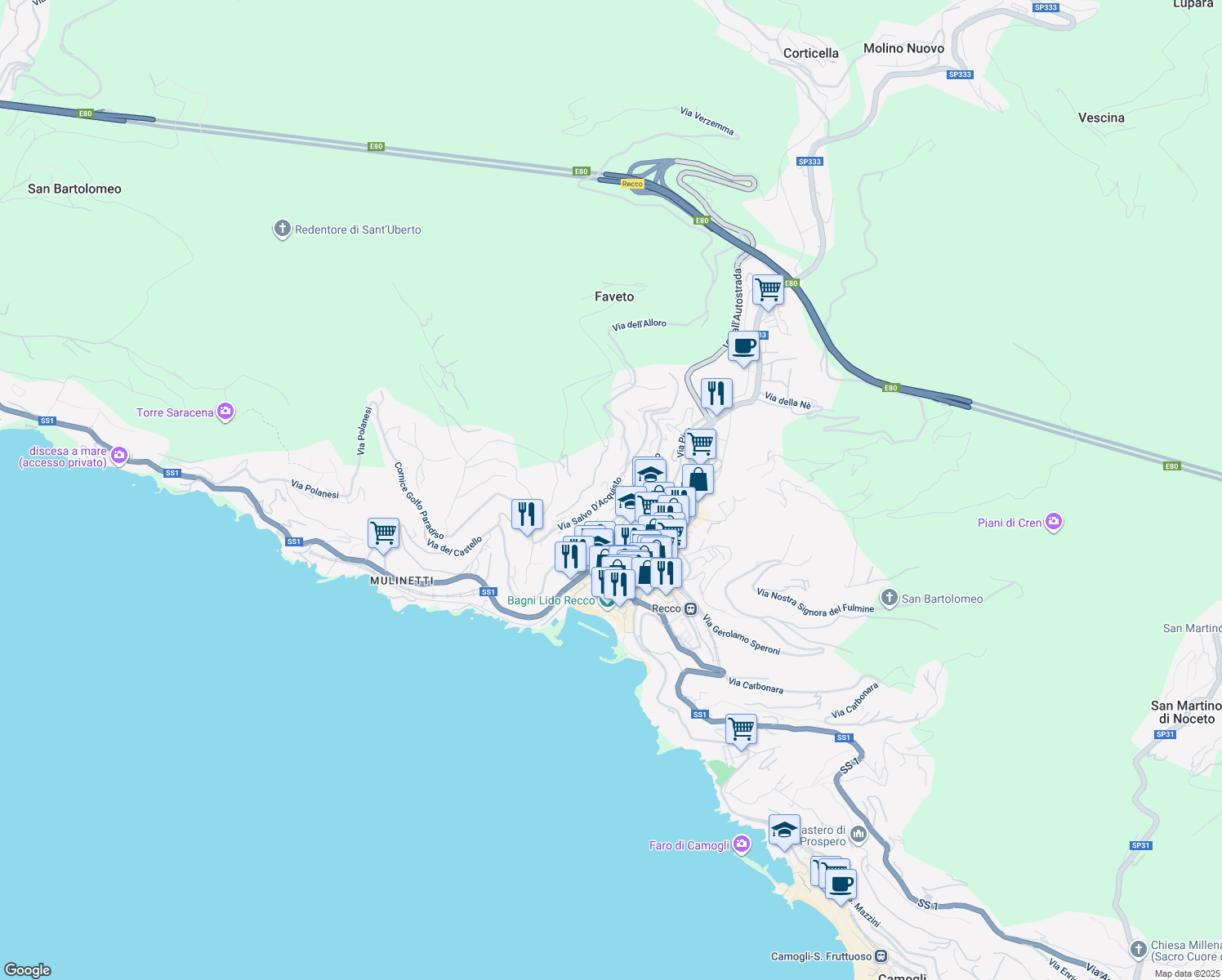 map of restaurants, bars, coffee shops, grocery stores, and more near 1 Via Privata Bellavista in Recco