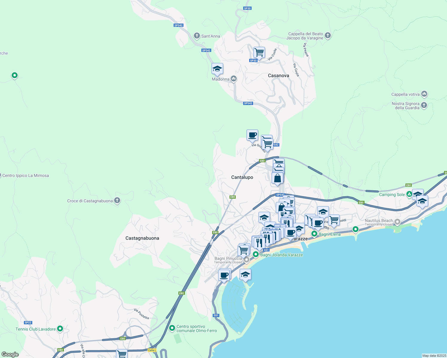 map of restaurants, bars, coffee shops, grocery stores, and more near 32 Via Nuova Cantalupo in Varazze