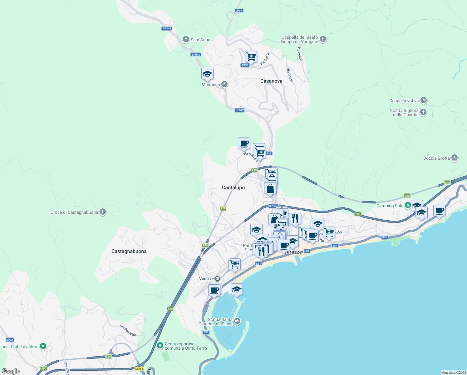 map of restaurants, bars, coffee shops, grocery stores, and more near 17 Via Giovanni Delfino in Varazze