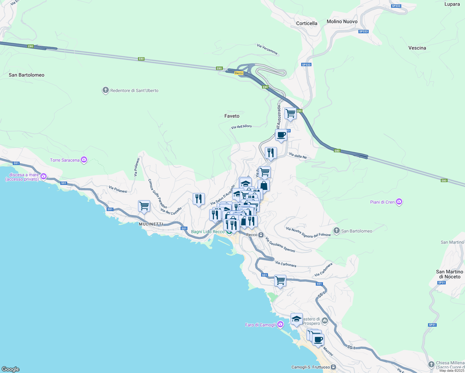map of restaurants, bars, coffee shops, grocery stores, and more near 1 Via Privata Bellavista in Recco