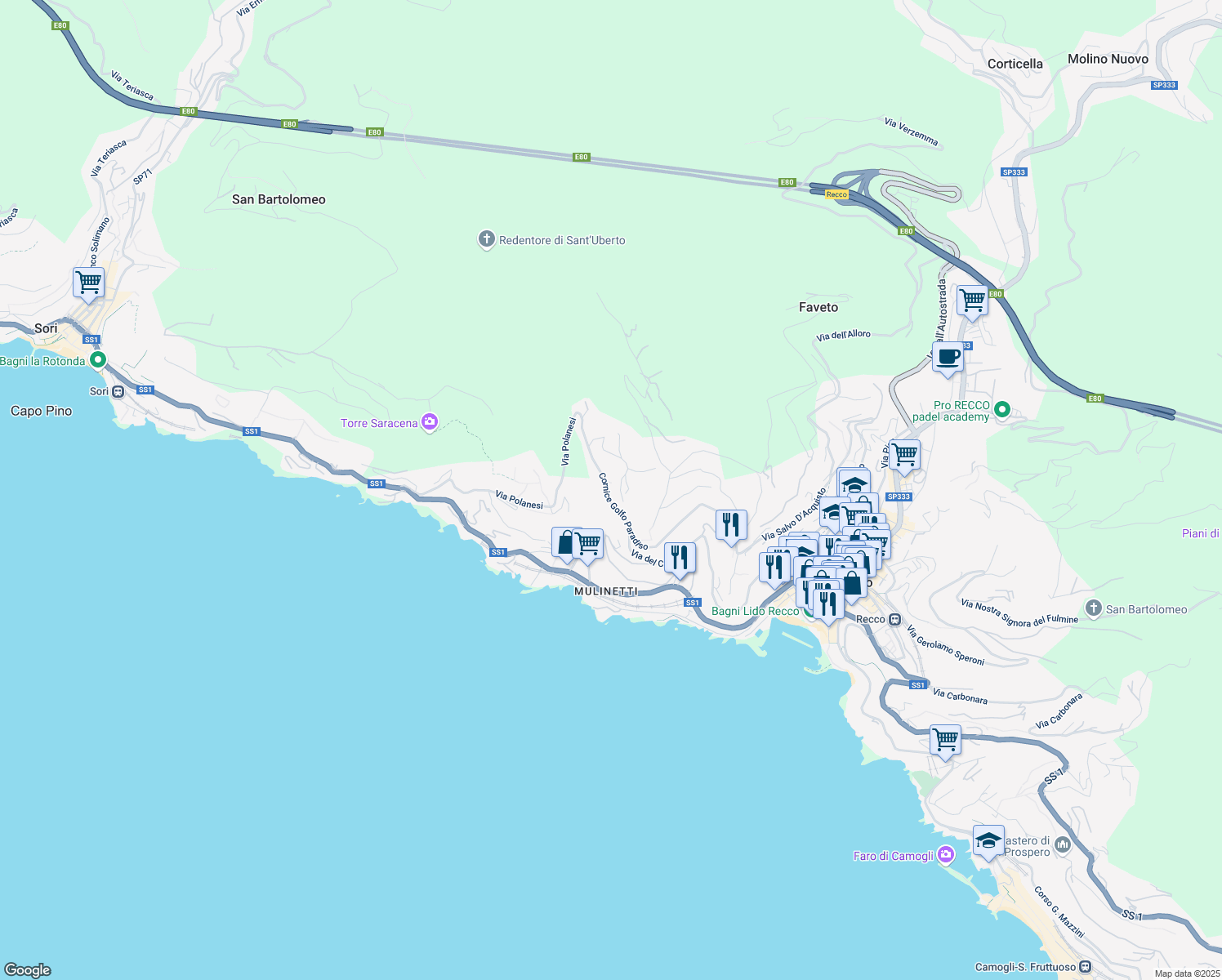 map of restaurants, bars, coffee shops, grocery stores, and more near 52 Cornice Golfo Paradiso in Recco