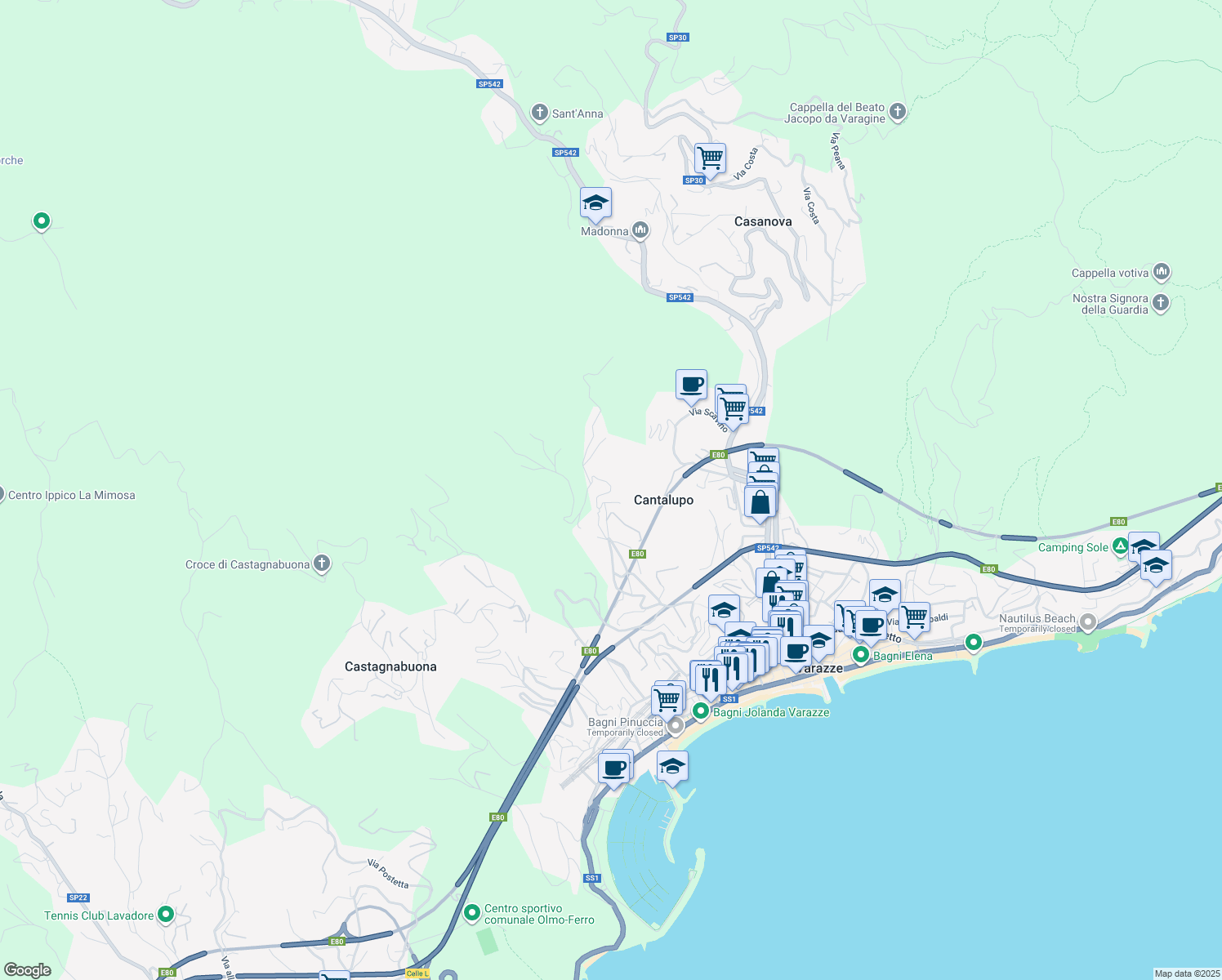 map of restaurants, bars, coffee shops, grocery stores, and more near 32 Via Nuova Cantalupo in Varazze