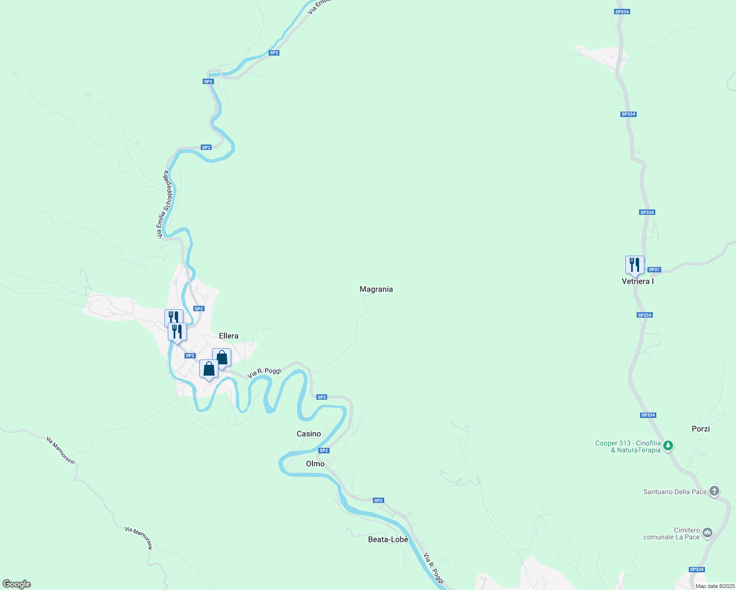 map of restaurants, bars, coffee shops, grocery stores, and more near 2 Via Magrania in Magrania