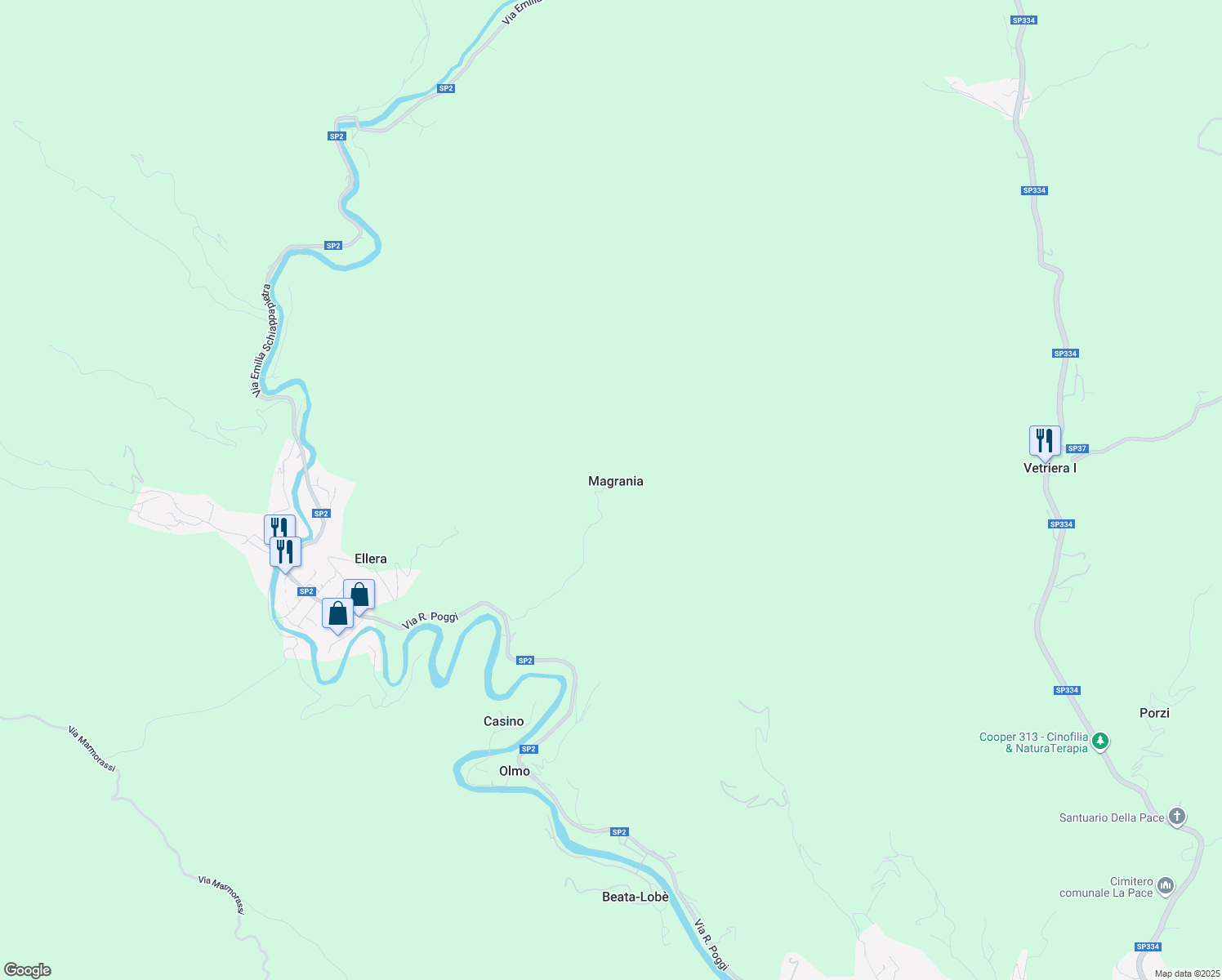map of restaurants, bars, coffee shops, grocery stores, and more near 2 Via Magrania in Magrania