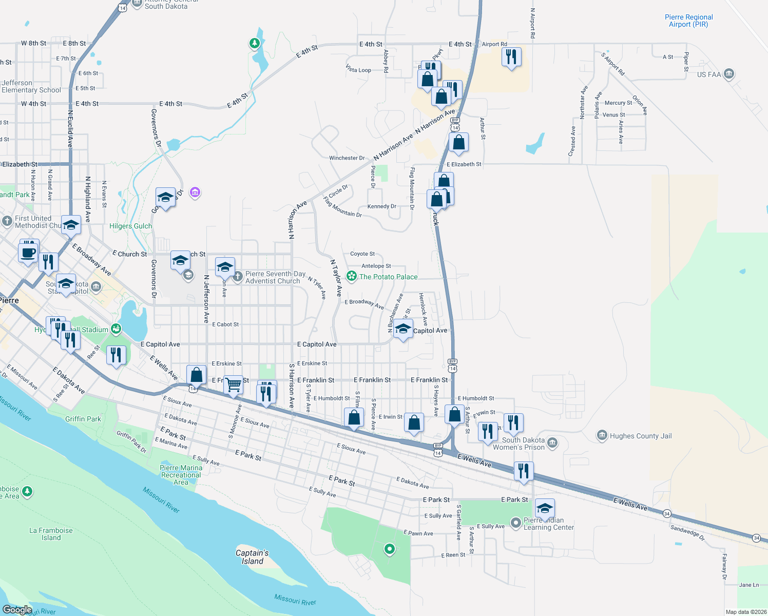 map of restaurants, bars, coffee shops, grocery stores, and more near North Johnson Avenue in Pierre