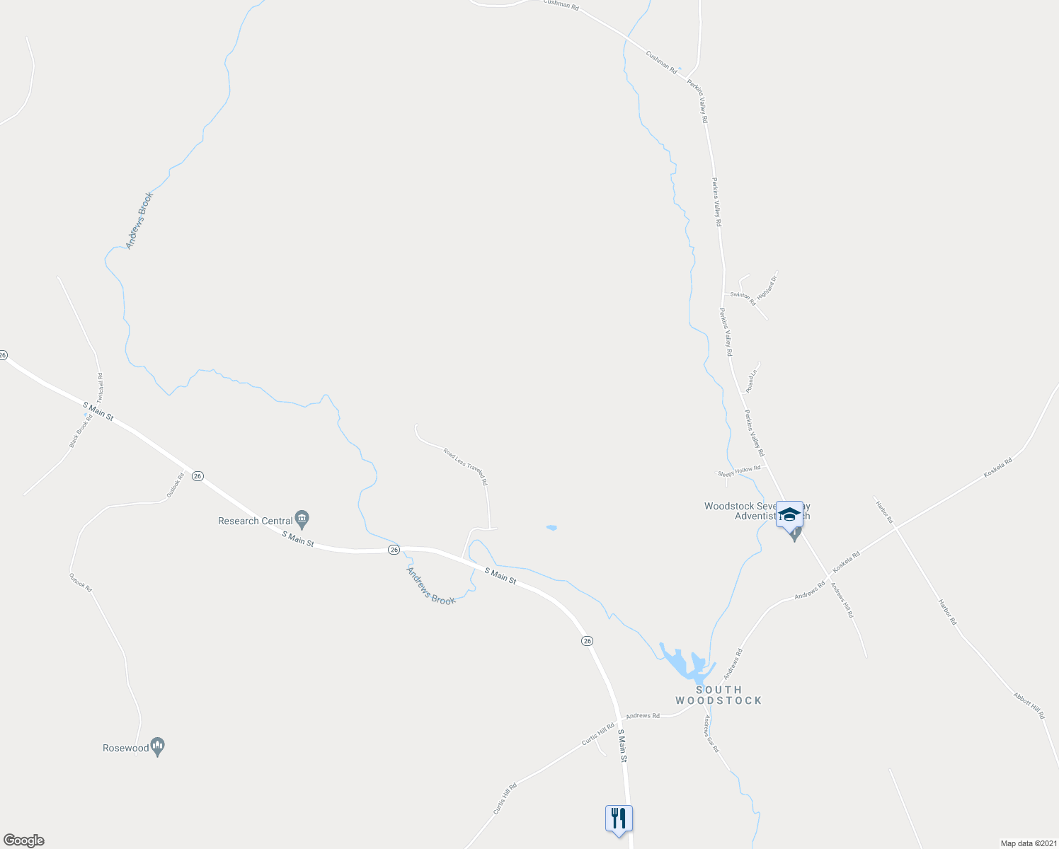 map of restaurants, bars, coffee shops, grocery stores, and more near 46 Road Less Traveled Road in Woodstock