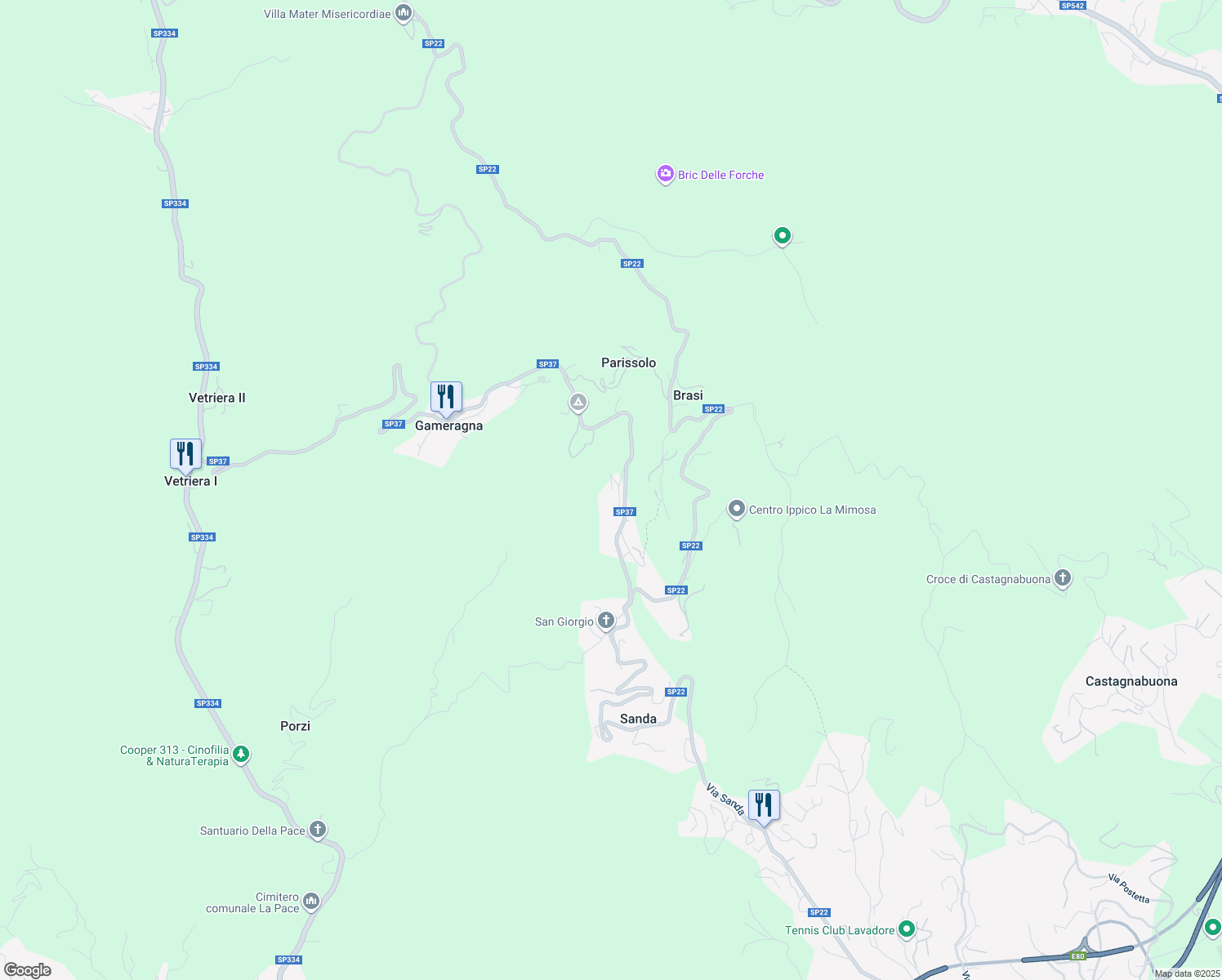 map of restaurants, bars, coffee shops, grocery stores, and more near 65 Via Gameragna in Sanda