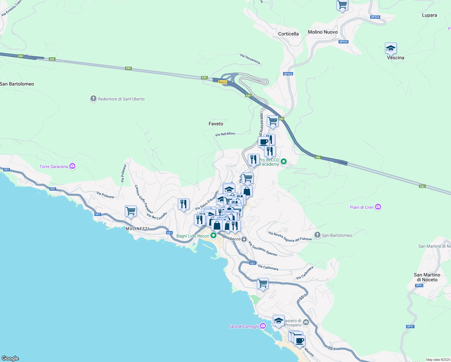 map of restaurants, bars, coffee shops, grocery stores, and more near 15 Via Salvo D'Acquisto in Recco
