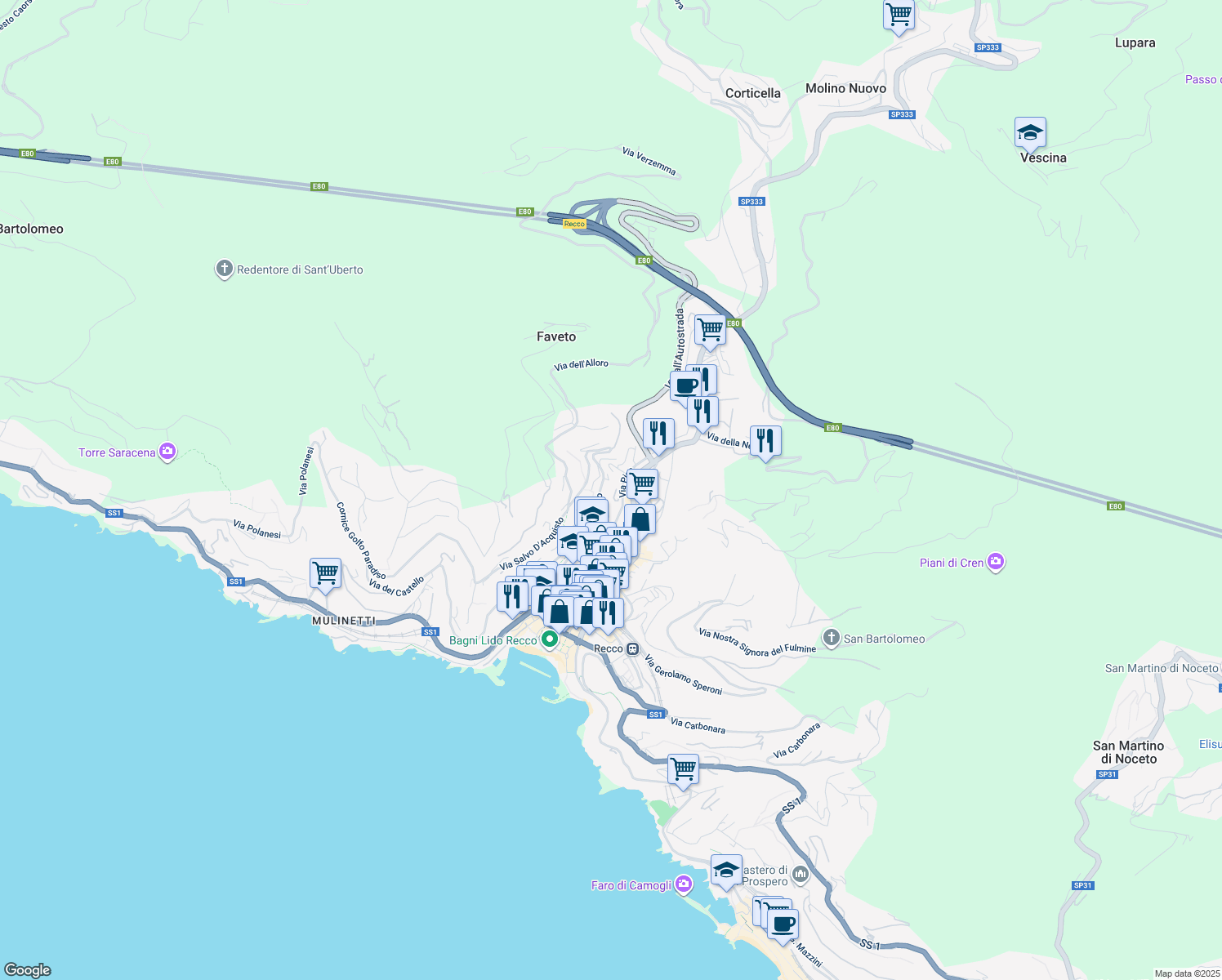 map of restaurants, bars, coffee shops, grocery stores, and more near 34 Via Privata Nicolò Paganini in Recco