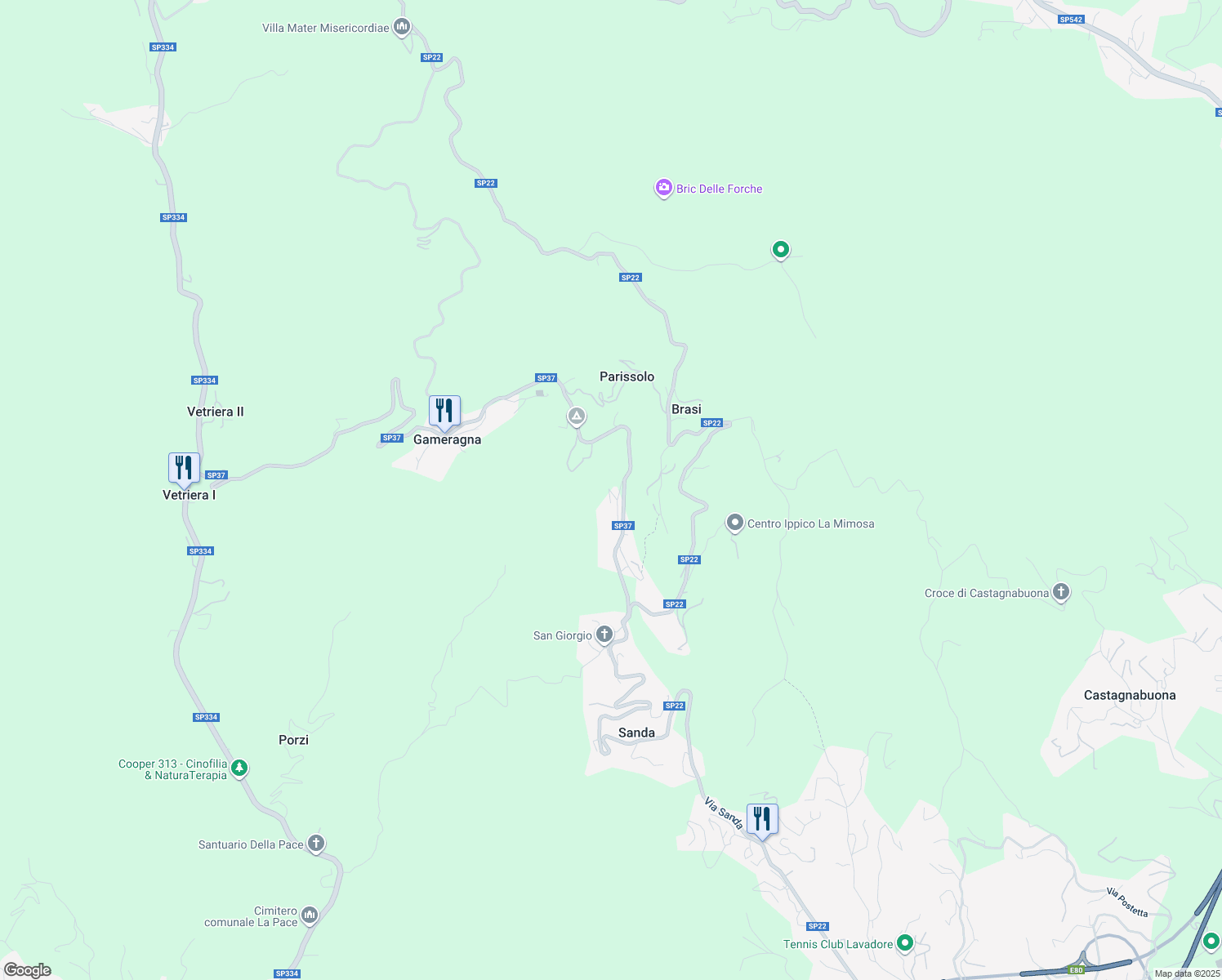 map of restaurants, bars, coffee shops, grocery stores, and more near 65 Via Gameragna in Sanda