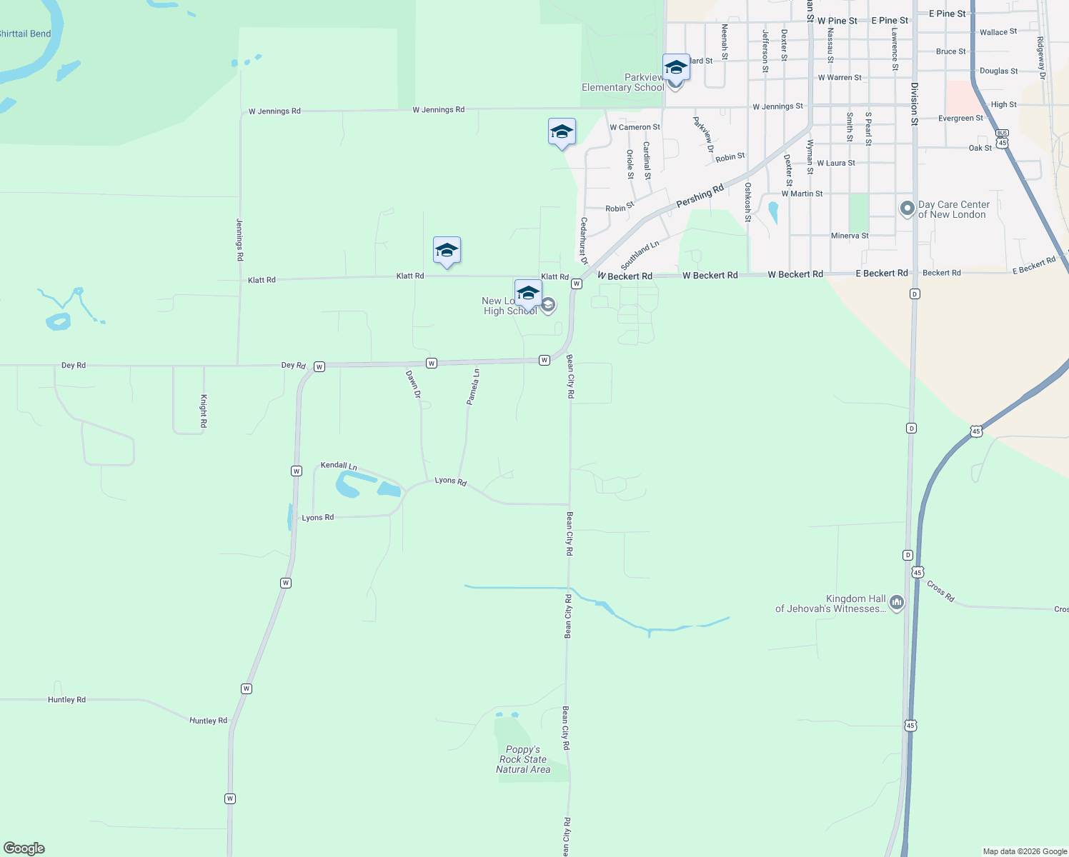 map of restaurants, bars, coffee shops, grocery stores, and more near N3526 Sunset Lane in New London
