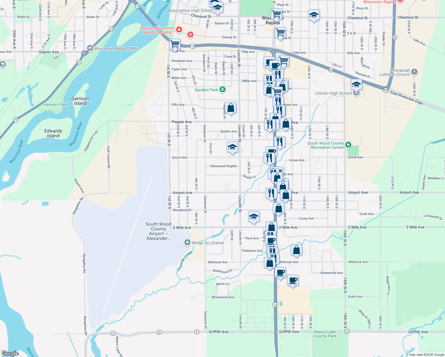map of restaurants, bars, coffee shops, grocery stores, and more near 454 Shady Ln in Wisconsin Rapids