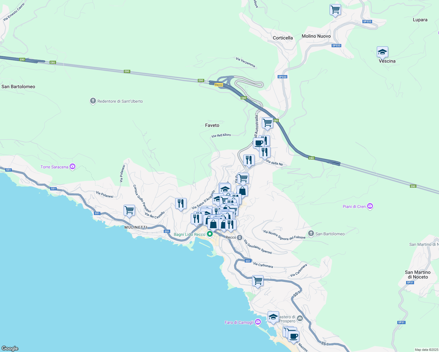 map of restaurants, bars, coffee shops, grocery stores, and more near 15/A Via Salvo D'Acquisto in Recco