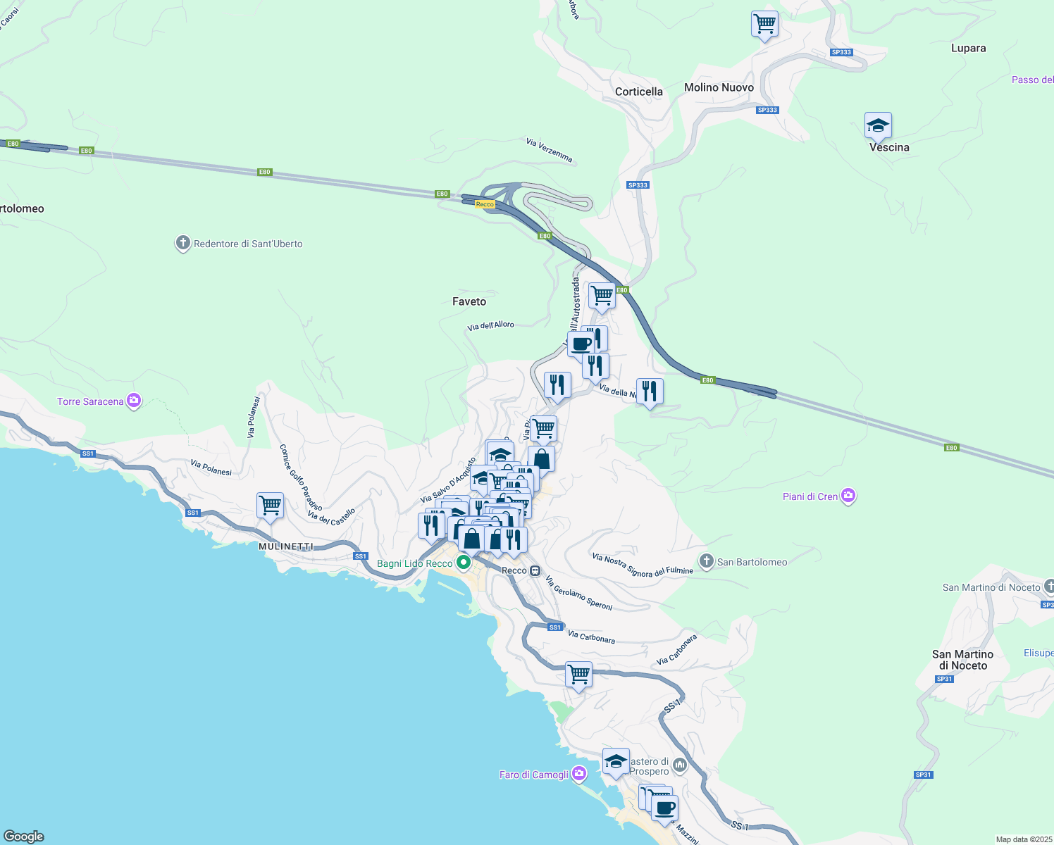 map of restaurants, bars, coffee shops, grocery stores, and more near 34 Via Privata Nicolò Paganini in Recco