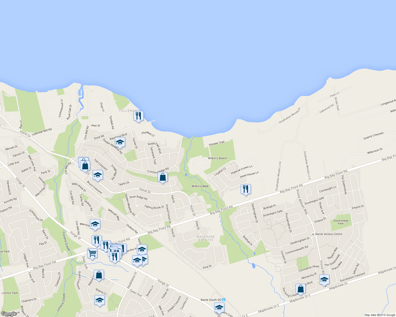 map of restaurants, bars, coffee shops, grocery stores, and more near 33 Camelot Square in Barrie