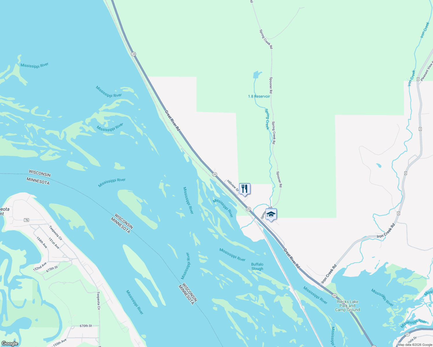 map of restaurants, bars, coffee shops, grocery stores, and more near S1560 Wisconsin 35 in Alma