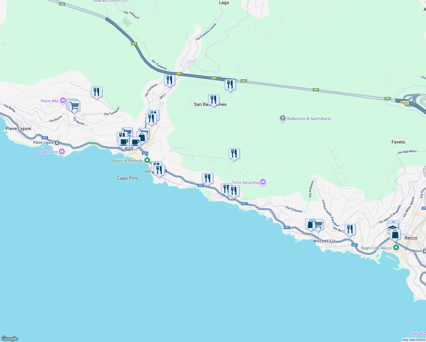 map of restaurants, bars, coffee shops, grocery stores, and more near 6 Crosa Ostin in Sori