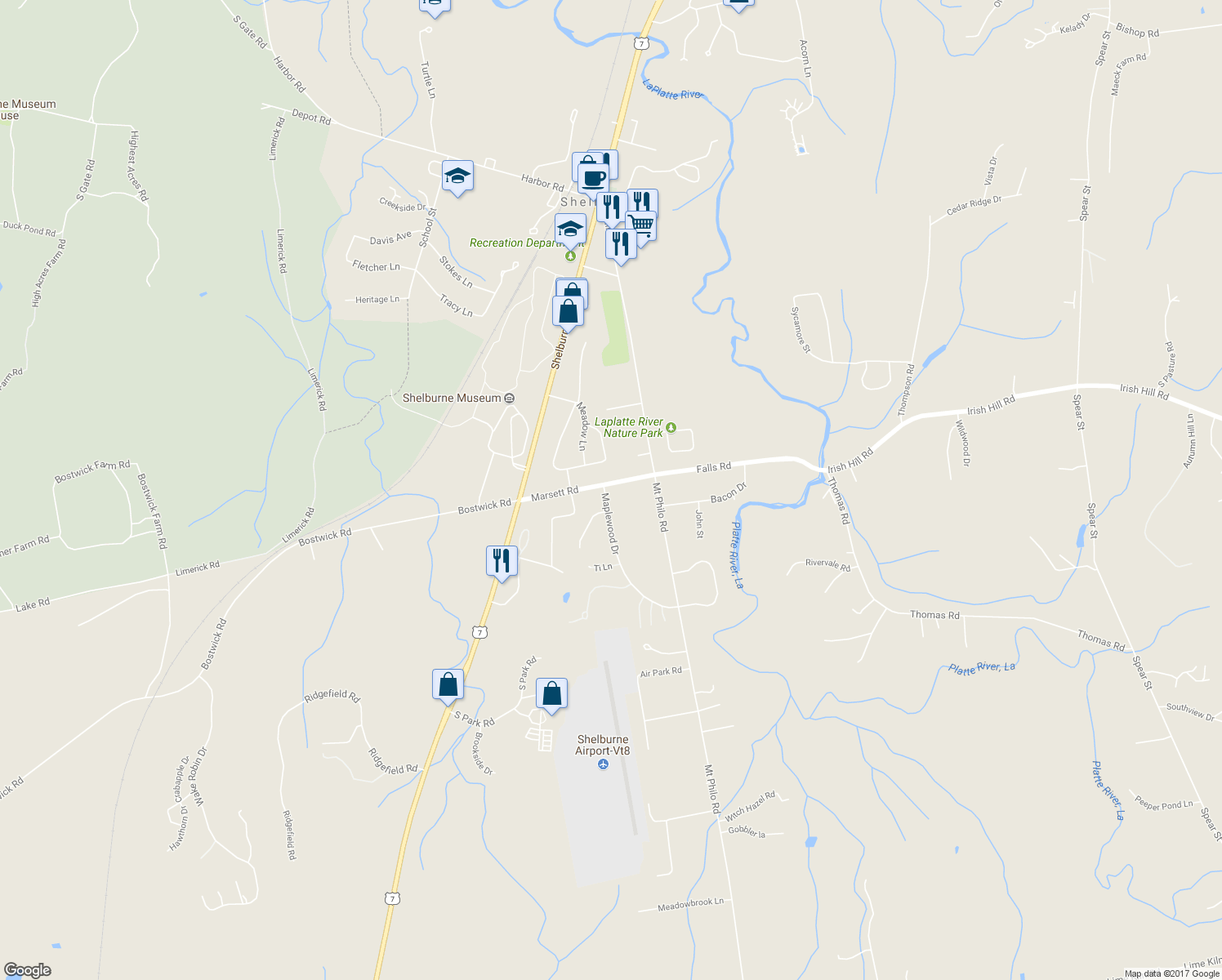 map of restaurants, bars, coffee shops, grocery stores, and more near 242 Marsett Road in Shelburne