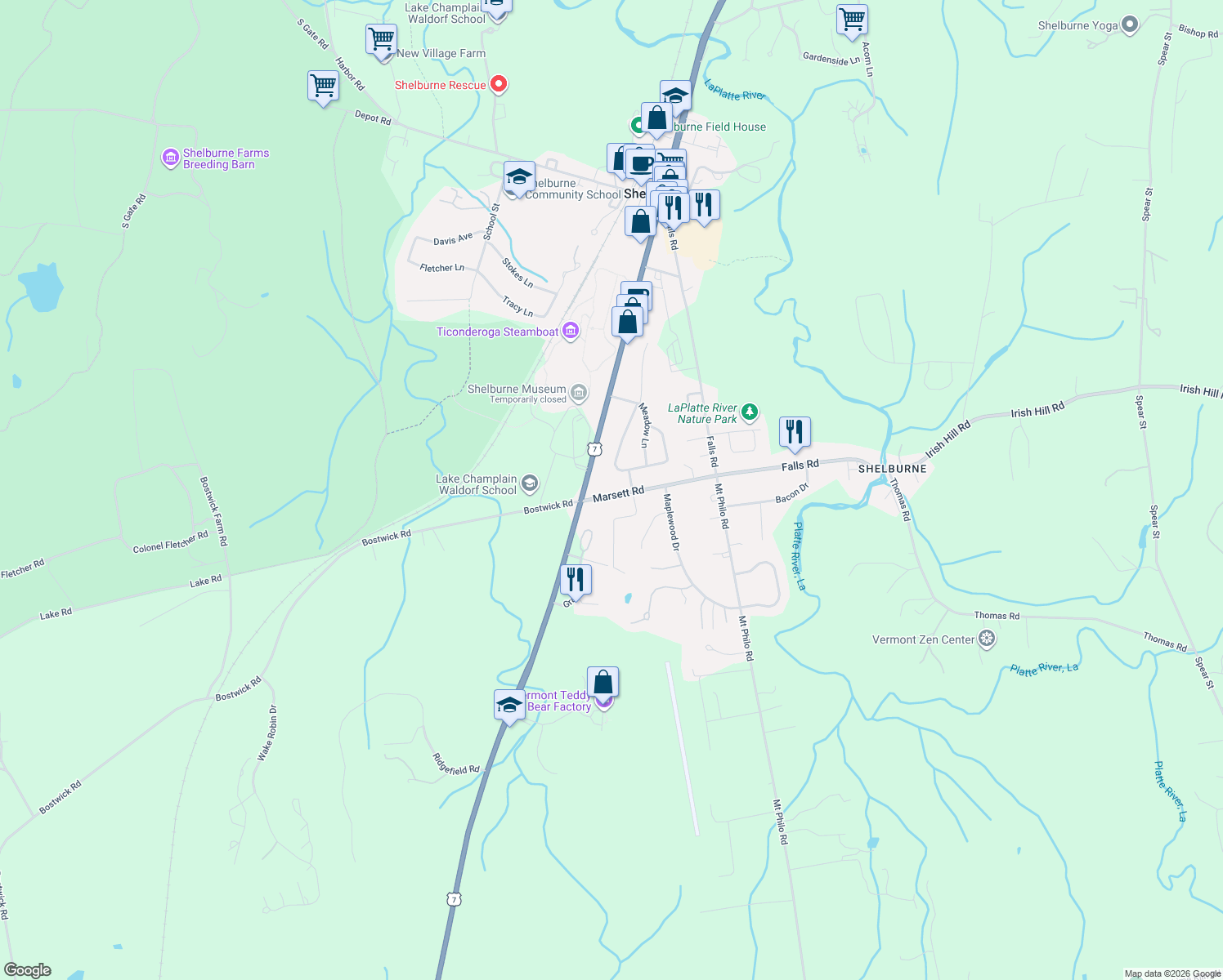 map of restaurants, bars, coffee shops, grocery stores, and more near 79 Marsett Rd in Shelburne